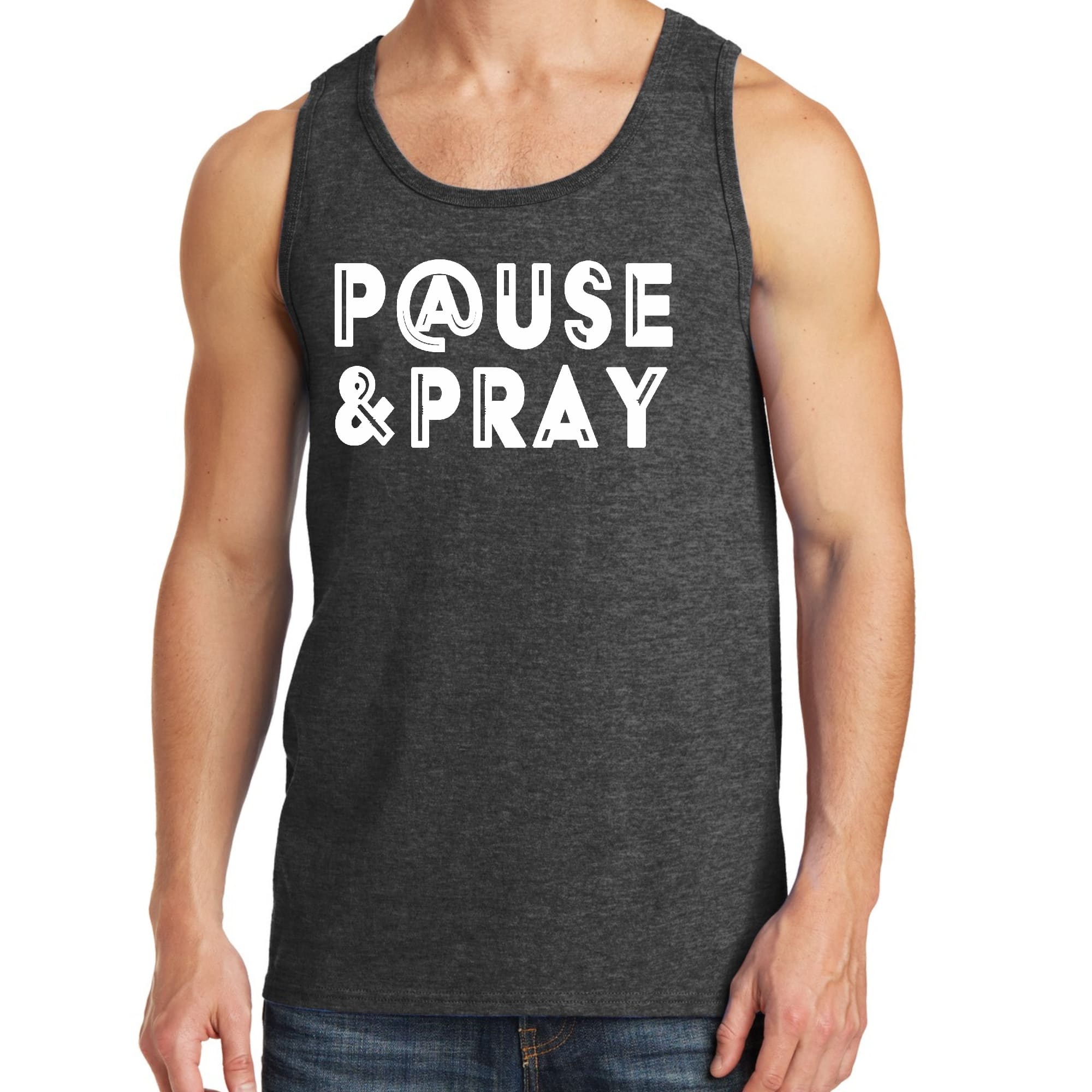 Men's Fitness Tank Top Graphic T-shirt featuring 'Pause and Pray' design, made from soft preshrunk cotton for comfort during workouts.