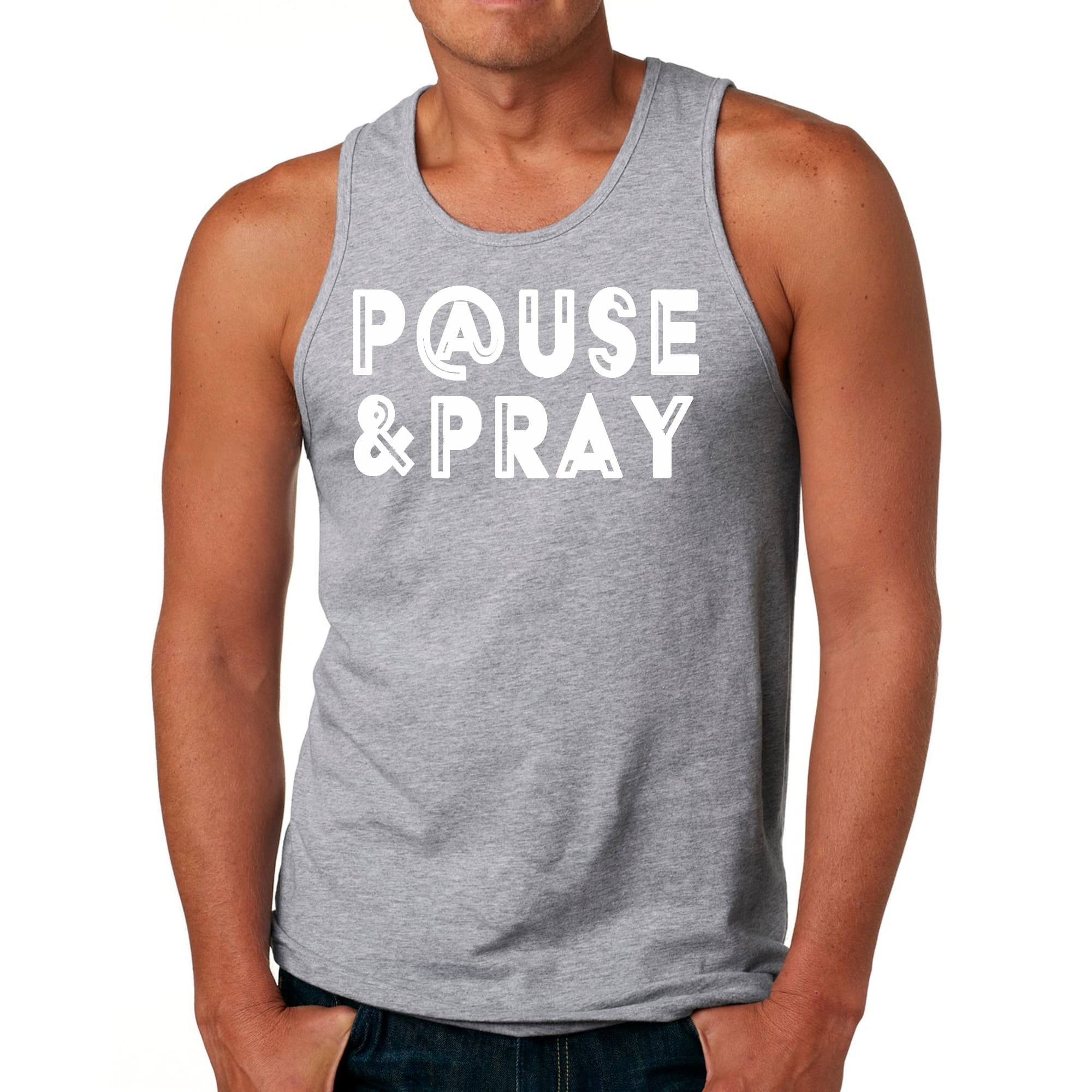 Men's Fitness Tank Top Graphic T-shirt featuring 'Pause and Pray' design, made from soft preshrunk cotton for comfort during workouts.