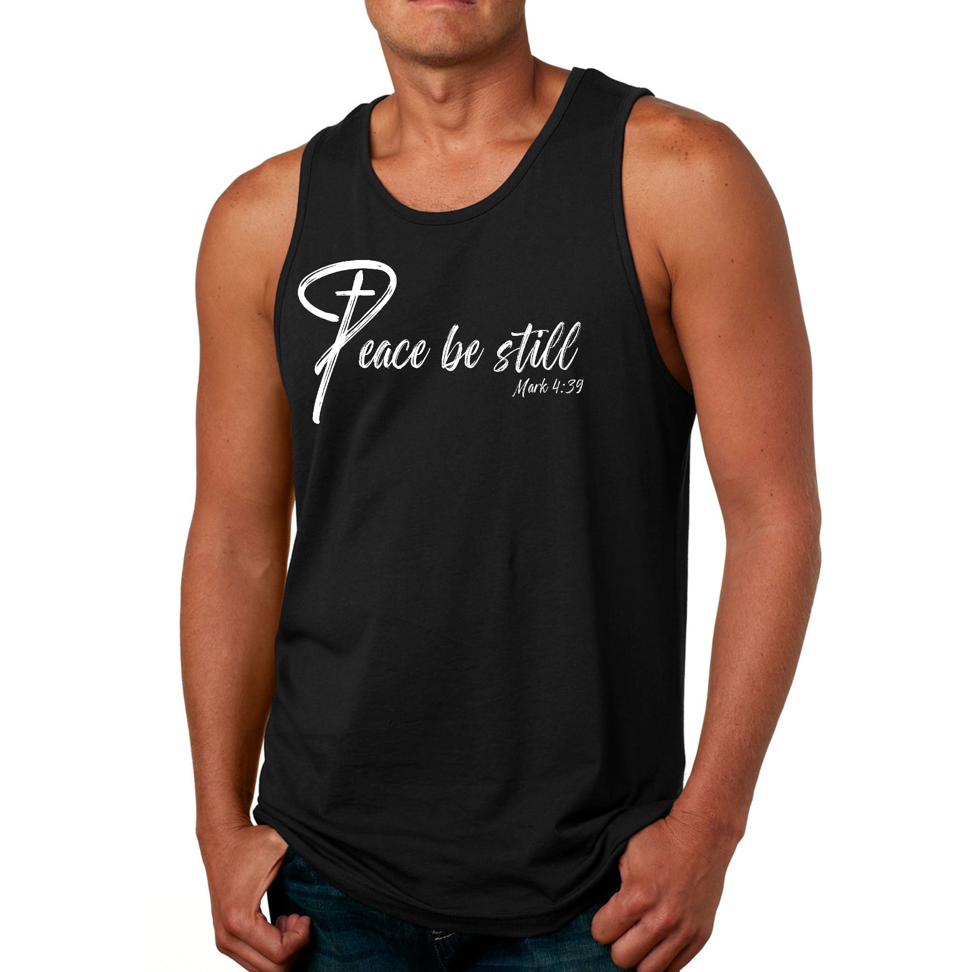 Men's Fitness Tank Top Graphic T-shirt featuring 'Peace Be Still' design, made from soft preshrunk cotton for comfort.