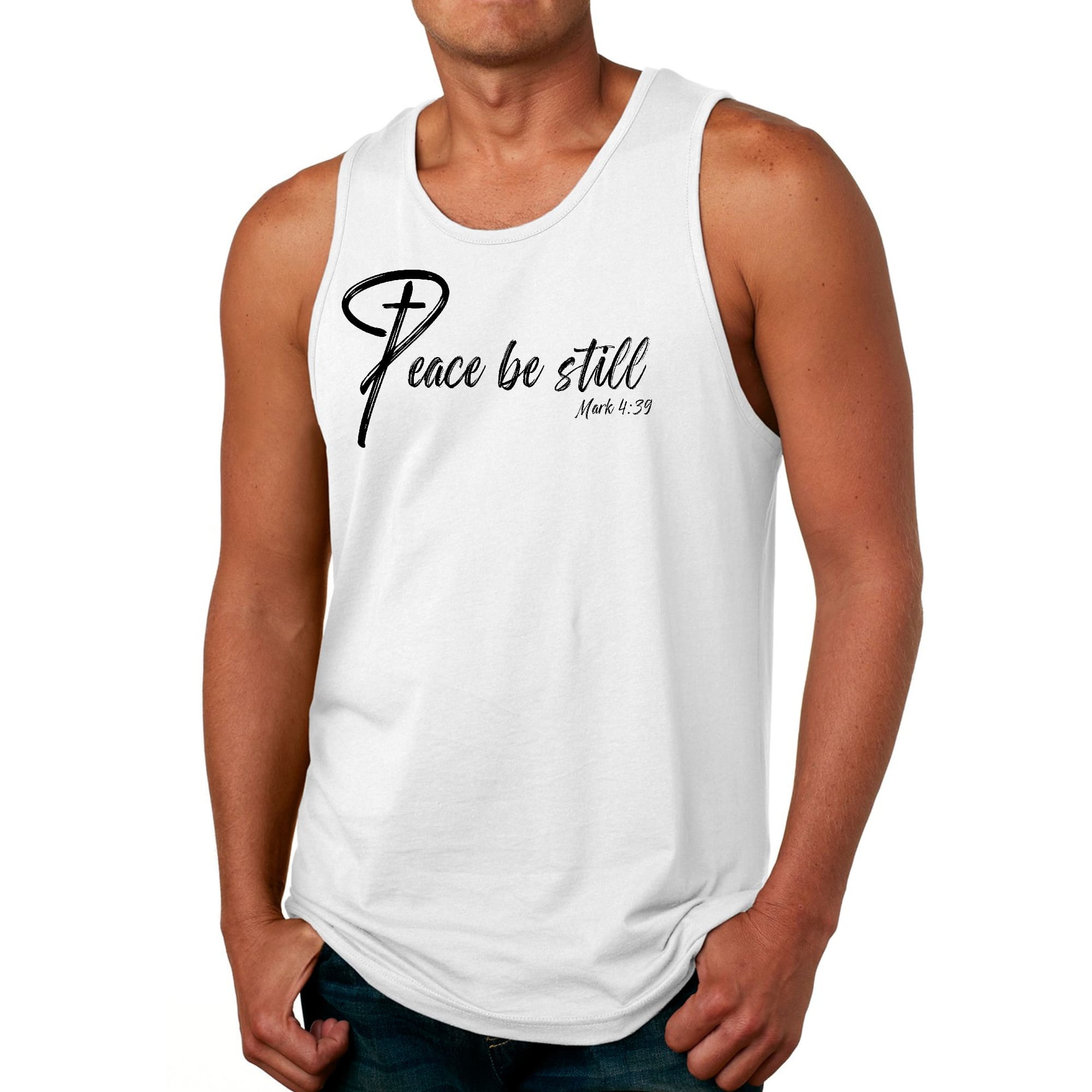 Men's Fitness Tank Top Graphic T-shirt with 'Peace Be Still' design, made from soft preshrunk cotton, ideal for workouts.