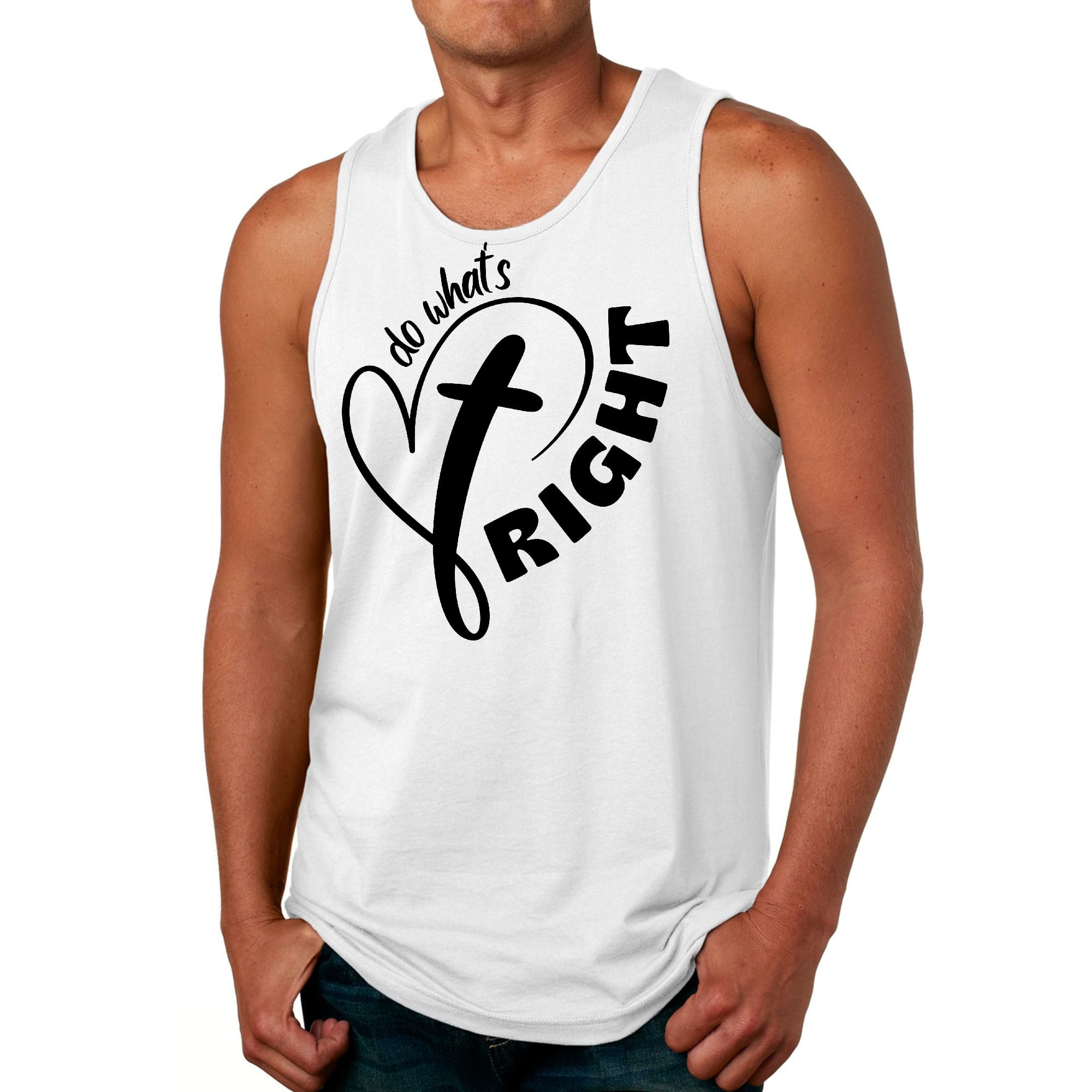 Men's Fitness Tank Top Graphic T-shirt featuring a motivational black illustration with the text 'Do What's Right'.