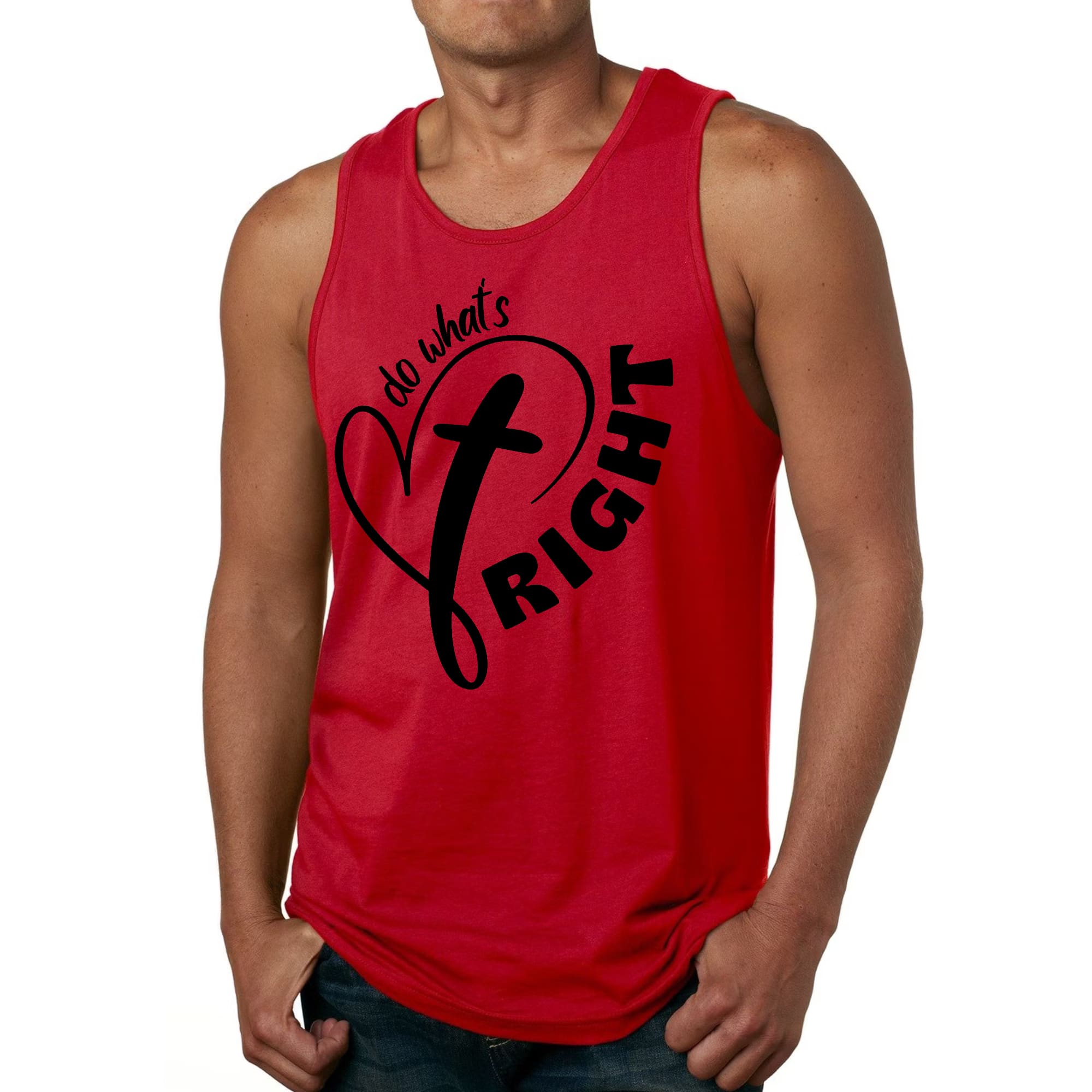 Men's Fitness Tank Top Graphic T-shirt featuring a motivational black illustration with the text 'Do What's Right'.