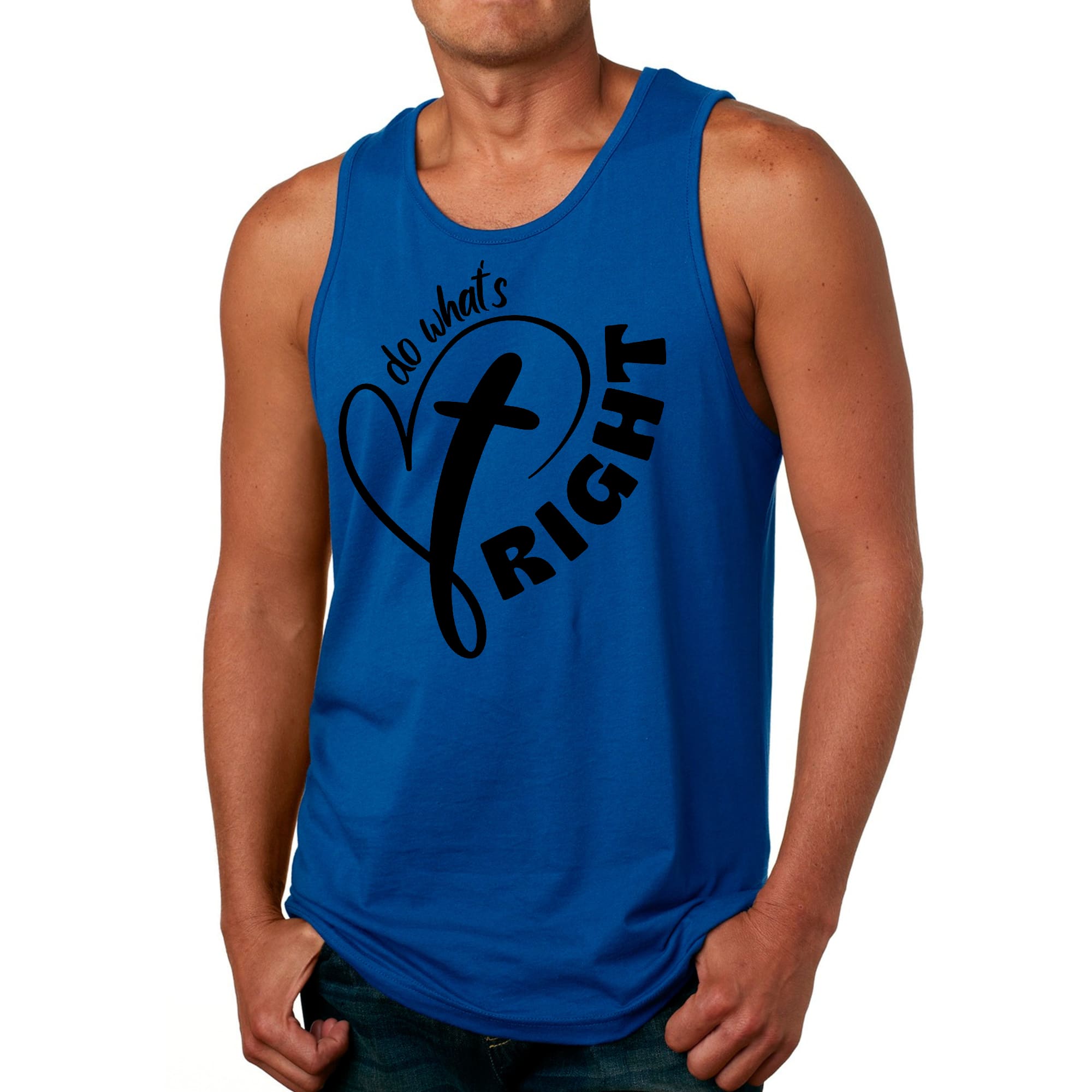 Men's Fitness Tank Top Graphic T-shirt featuring a motivational black illustration with the text 'Do What's Right'.