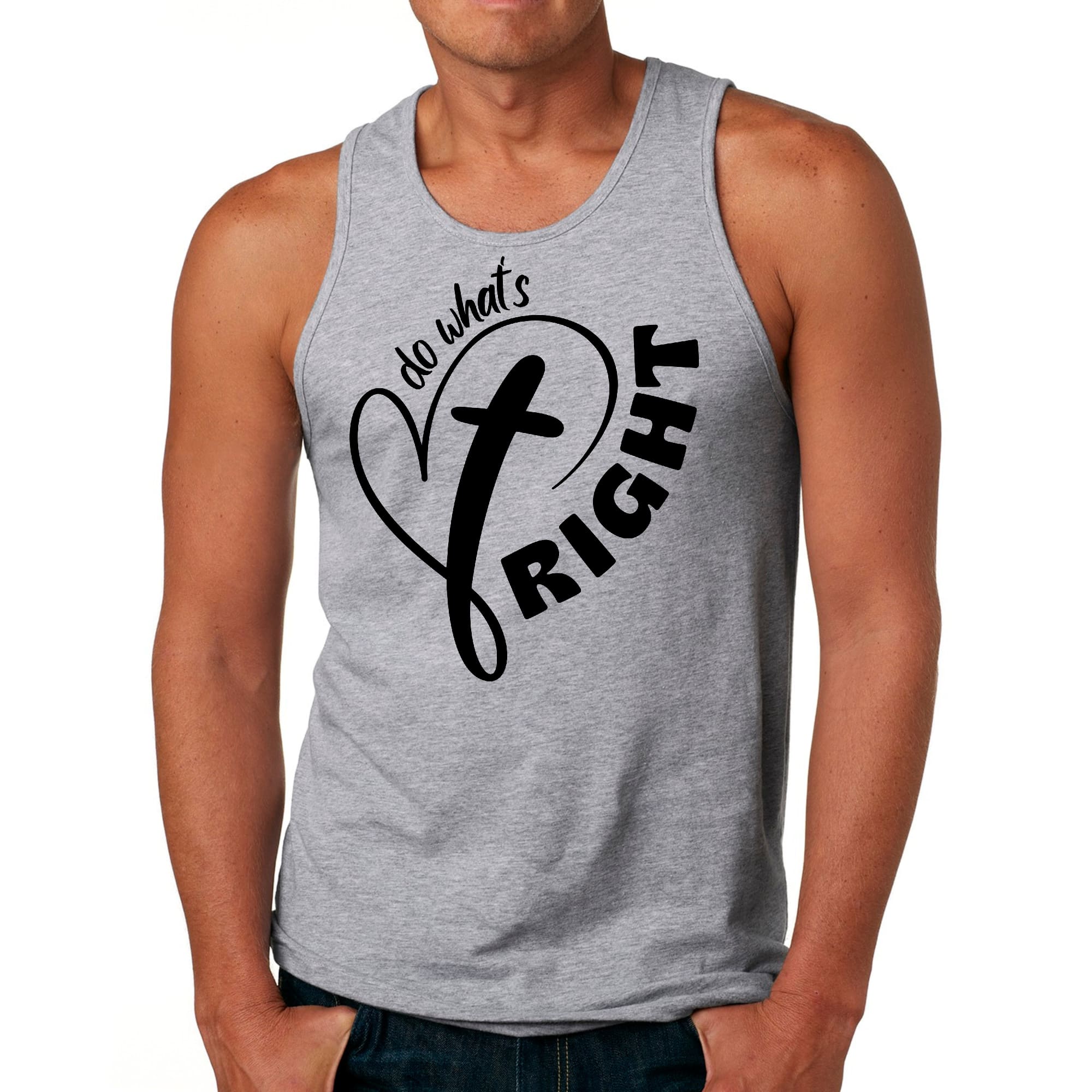 Men's Fitness Tank Top Graphic T-shirt featuring a motivational black illustration with the text 'Do What's Right'.