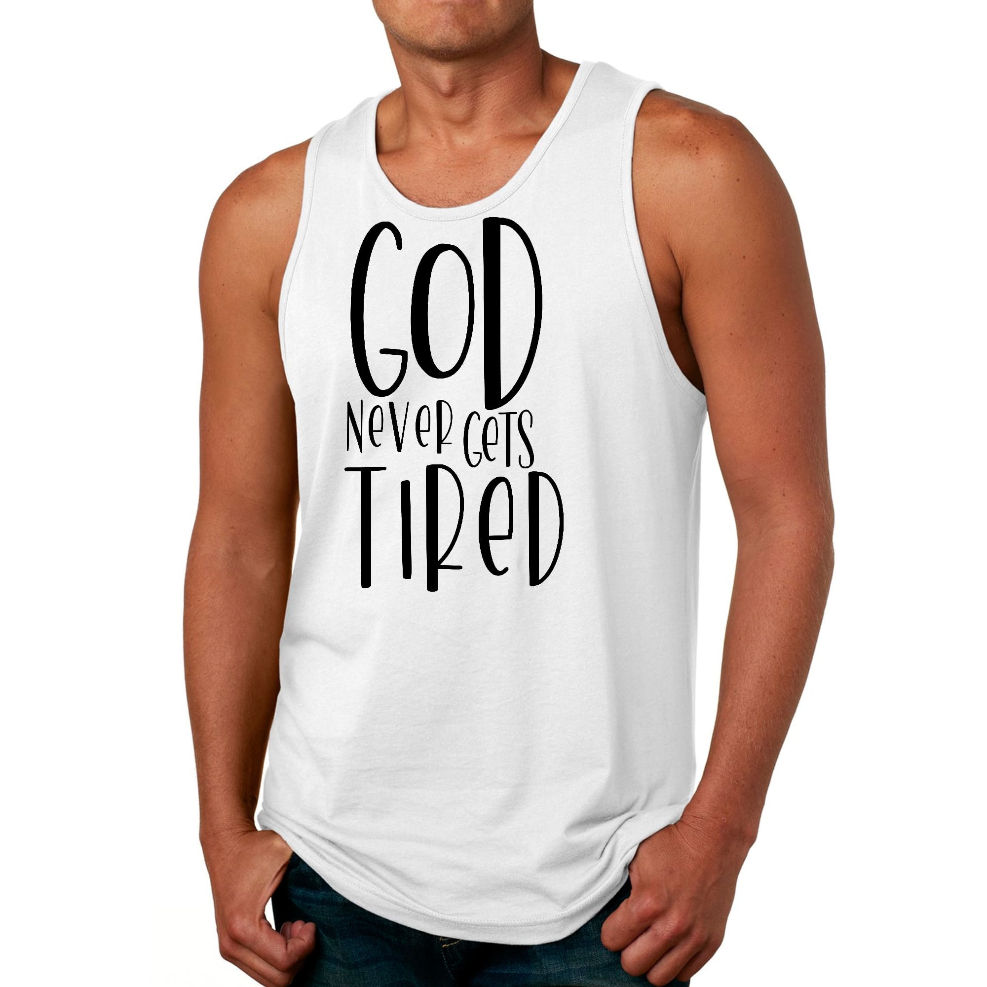 Men's Fitness Tank Top in black featuring a motivational graphic 'God Never Gets Tired', made from soft preshrunk cotton for comfort.