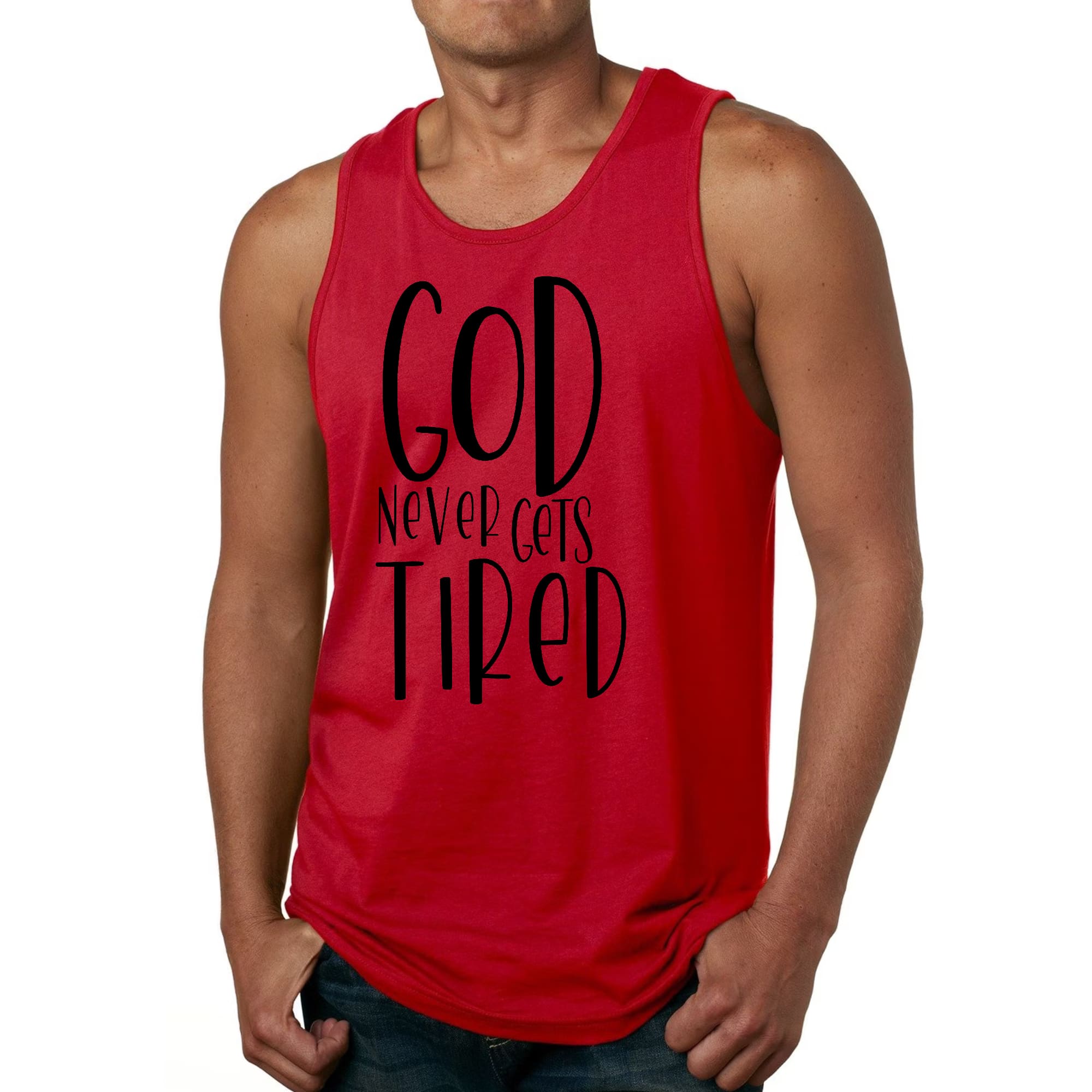 Men's Fitness Tank Top in black featuring a motivational graphic 'God Never Gets Tired', made from soft preshrunk cotton for comfort.