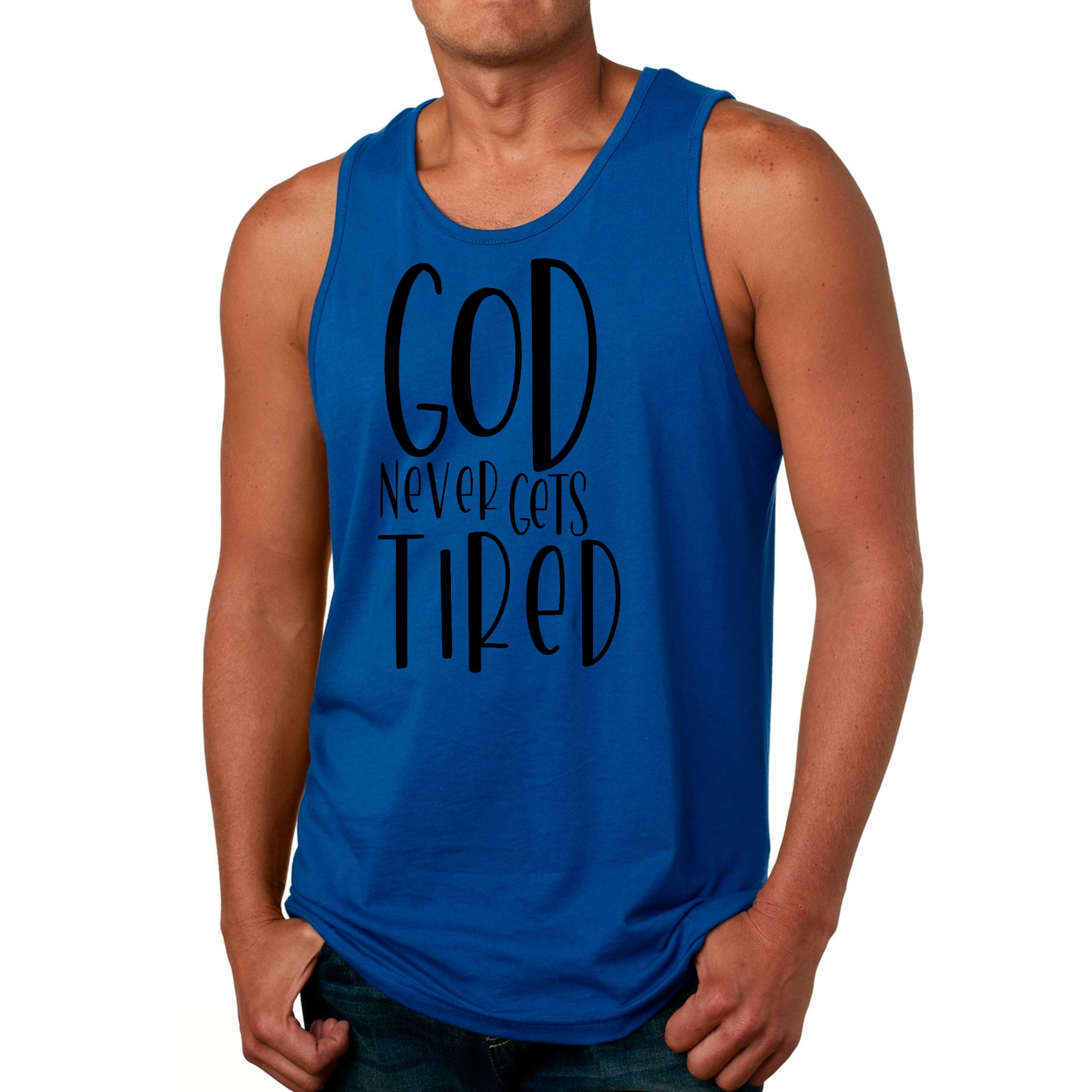Men's Fitness Tank Top in black featuring a motivational graphic 'God Never Gets Tired', made from soft preshrunk cotton for comfort.