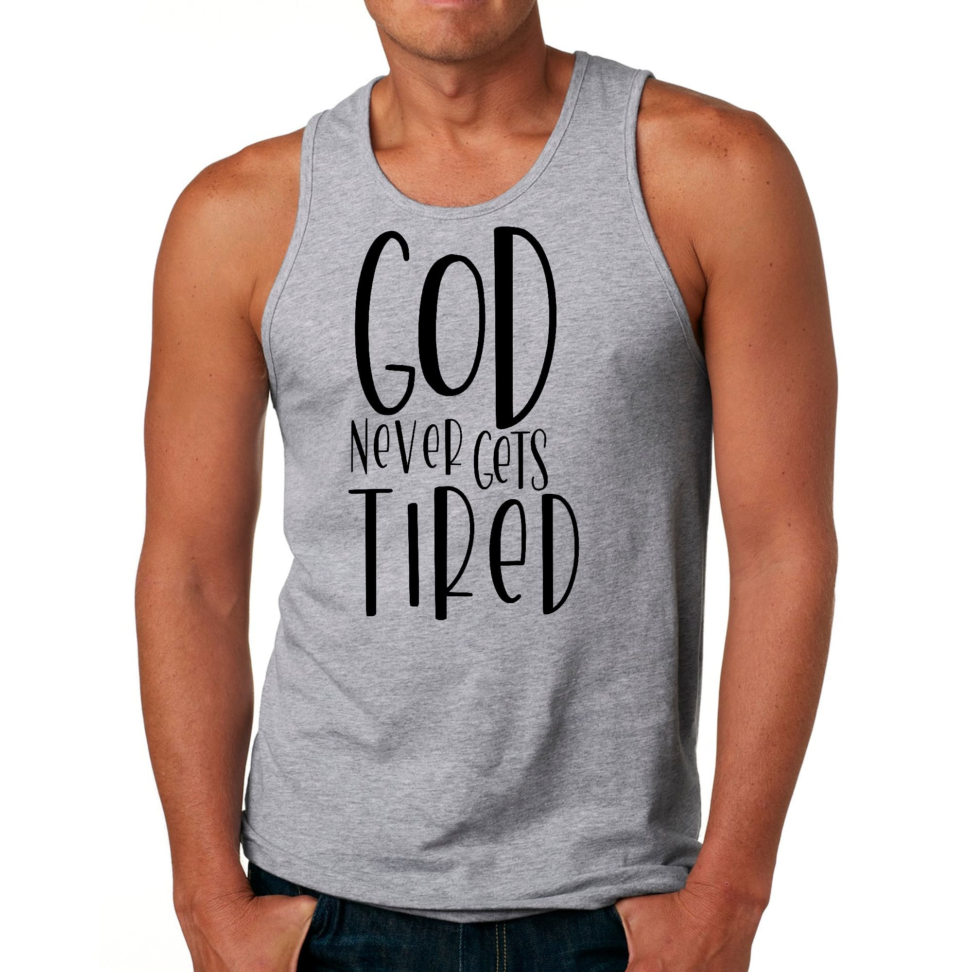 Men's Fitness Tank Top in black featuring a motivational graphic 'God Never Gets Tired', made from soft preshrunk cotton for comfort.