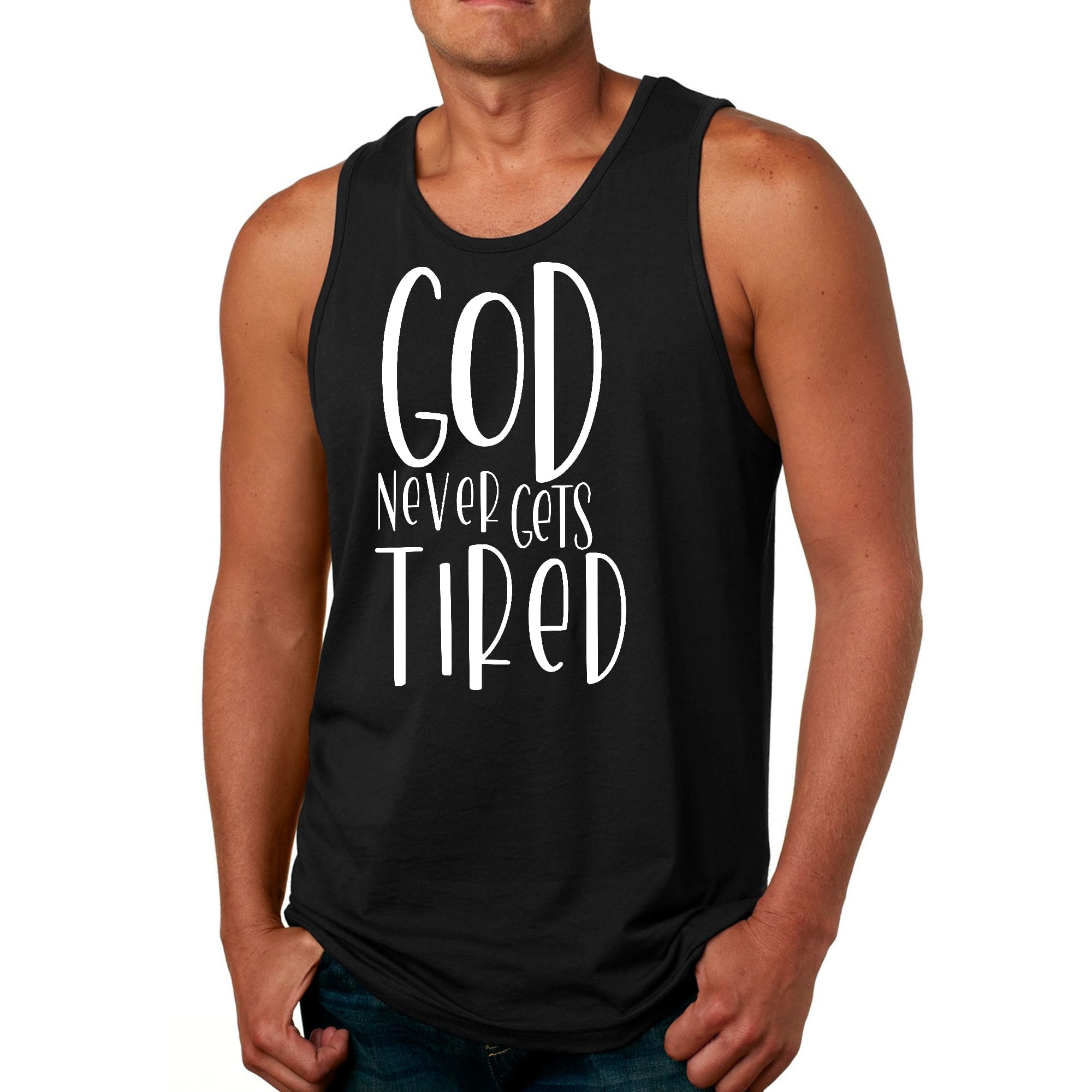 Men's Fitness Tank Top Graphic T-shirt featuring the phrase 'God Never Gets Tired' in a stylish design, made from soft preshrunk cotton.