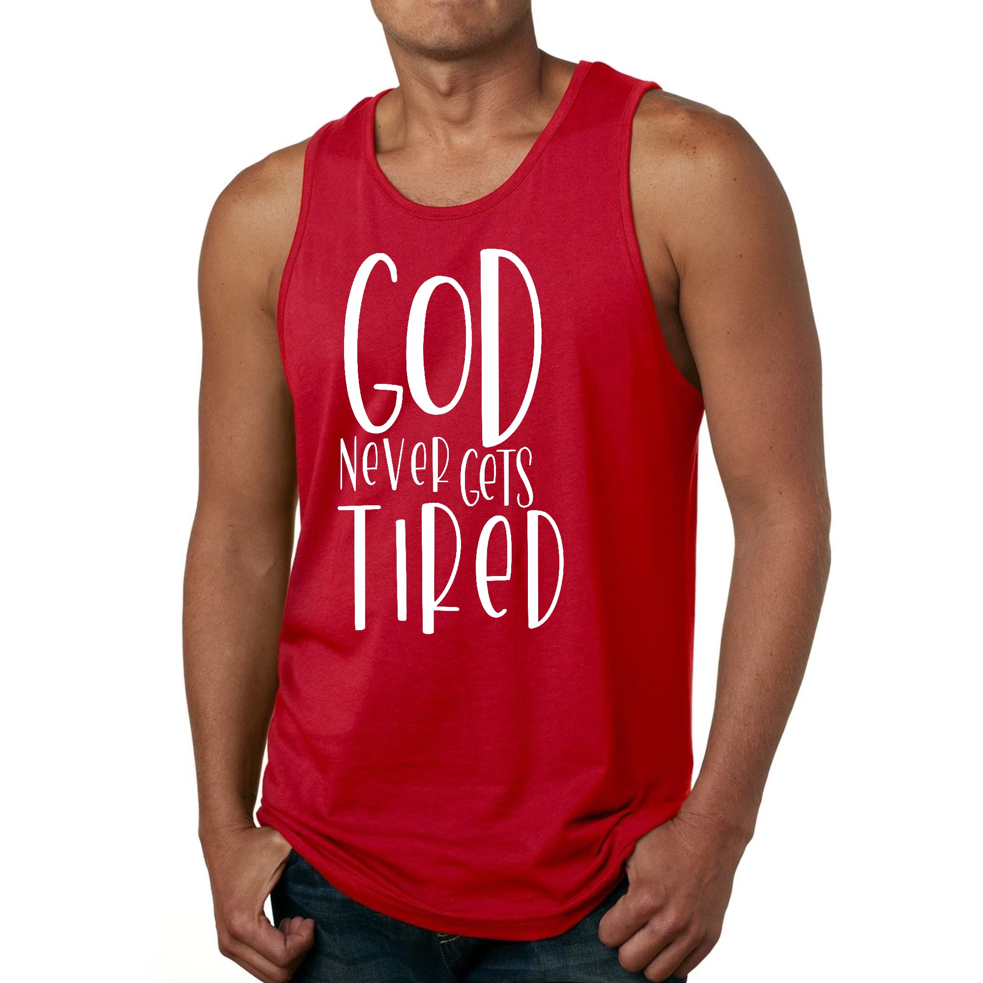 Men's Fitness Tank Top Graphic T-shirt featuring the phrase 'God Never Gets Tired' in a stylish design, made from soft preshrunk cotton.