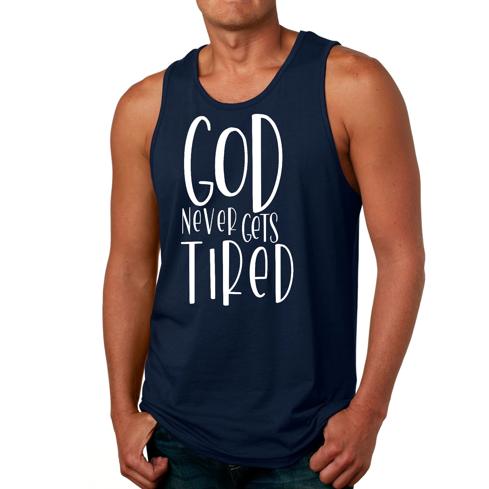 Men's Fitness Tank Top Graphic T-shirt featuring the phrase 'God Never Gets Tired' in a stylish design, made from soft preshrunk cotton.