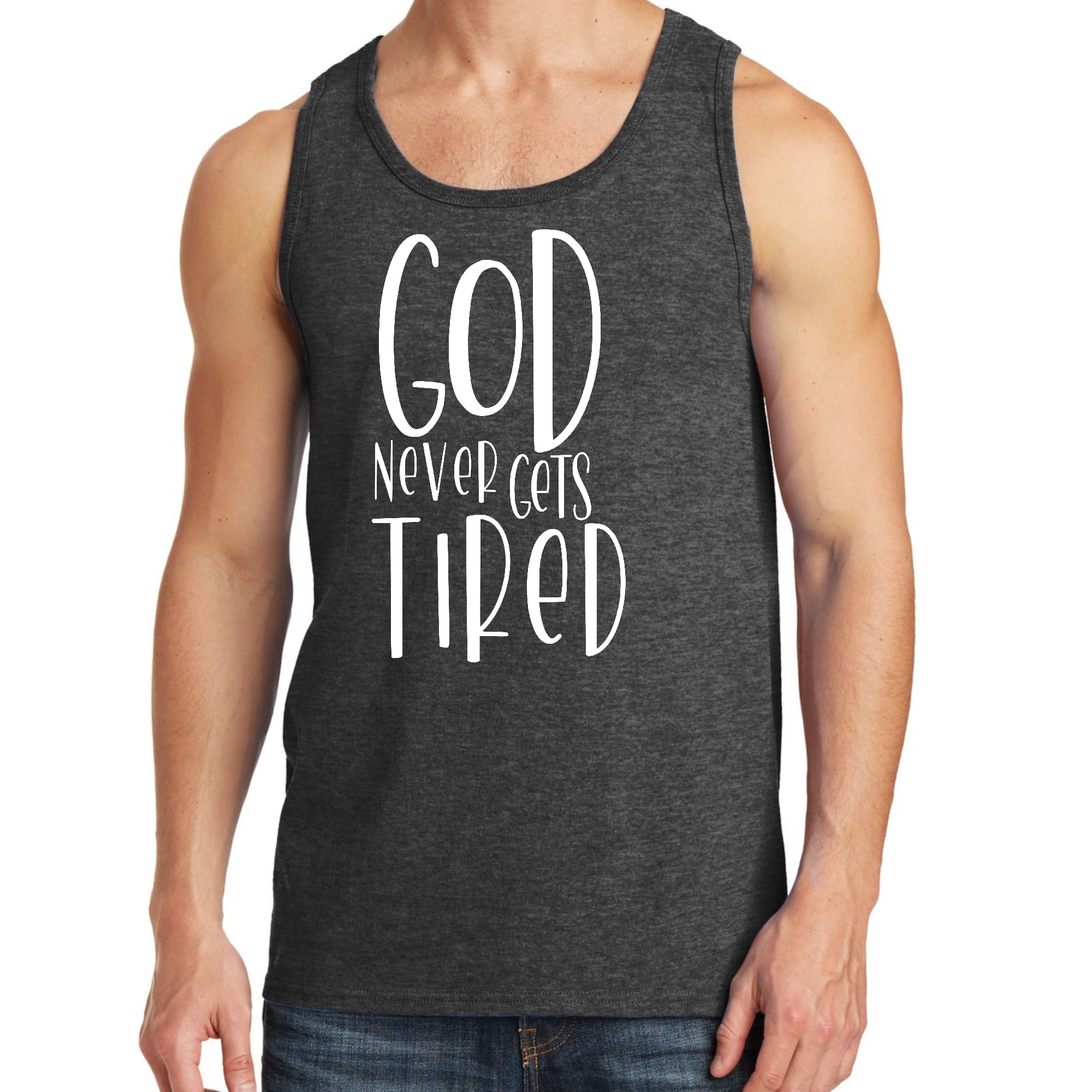 Men's Fitness Tank Top Graphic T-shirt featuring the phrase 'God Never Gets Tired' in a stylish design, made from soft preshrunk cotton.