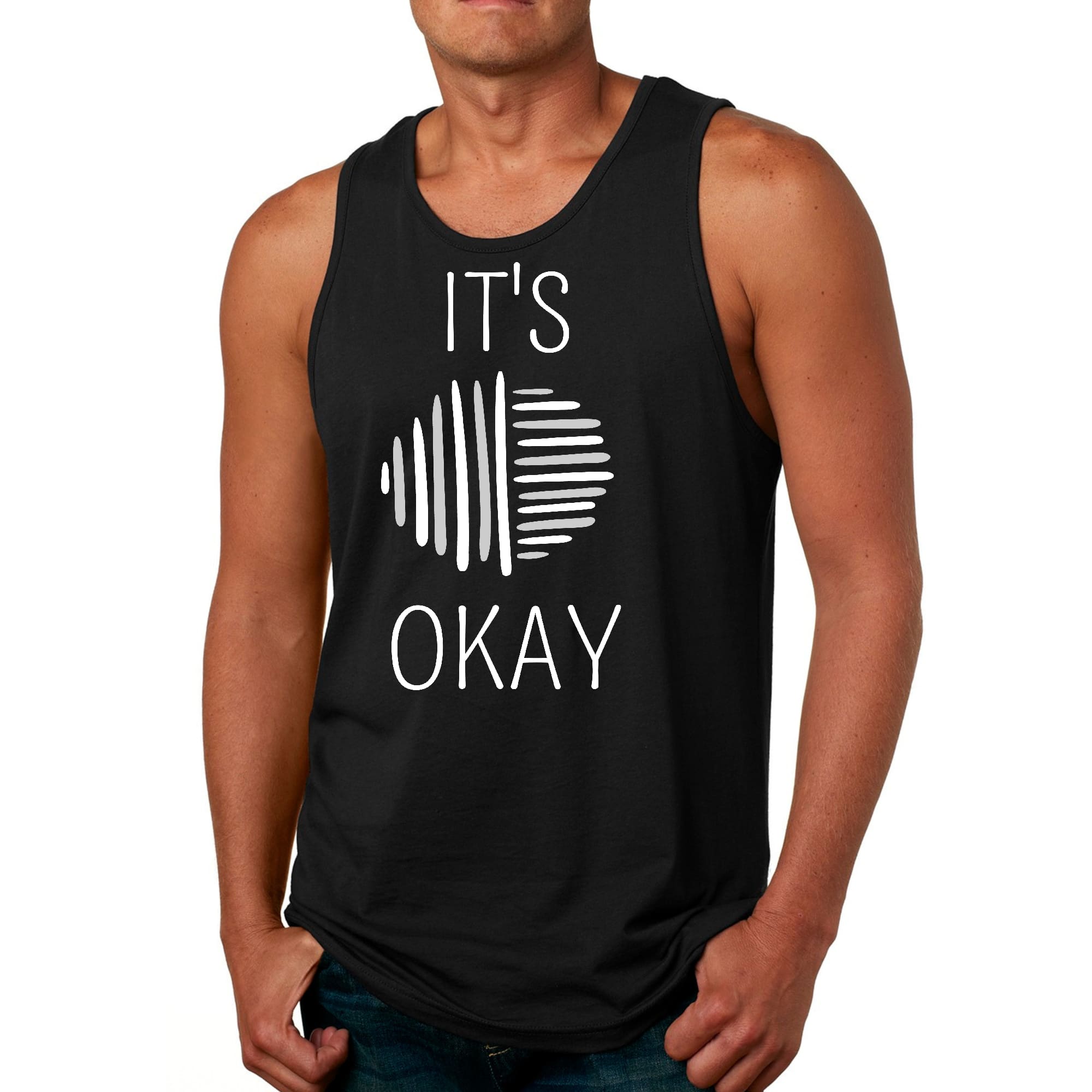 Men's grey fitness tank top with white graphic text 'Say It Soul, It's Okay', made from soft preshrunk cotton, ideal for workouts and casual wear.