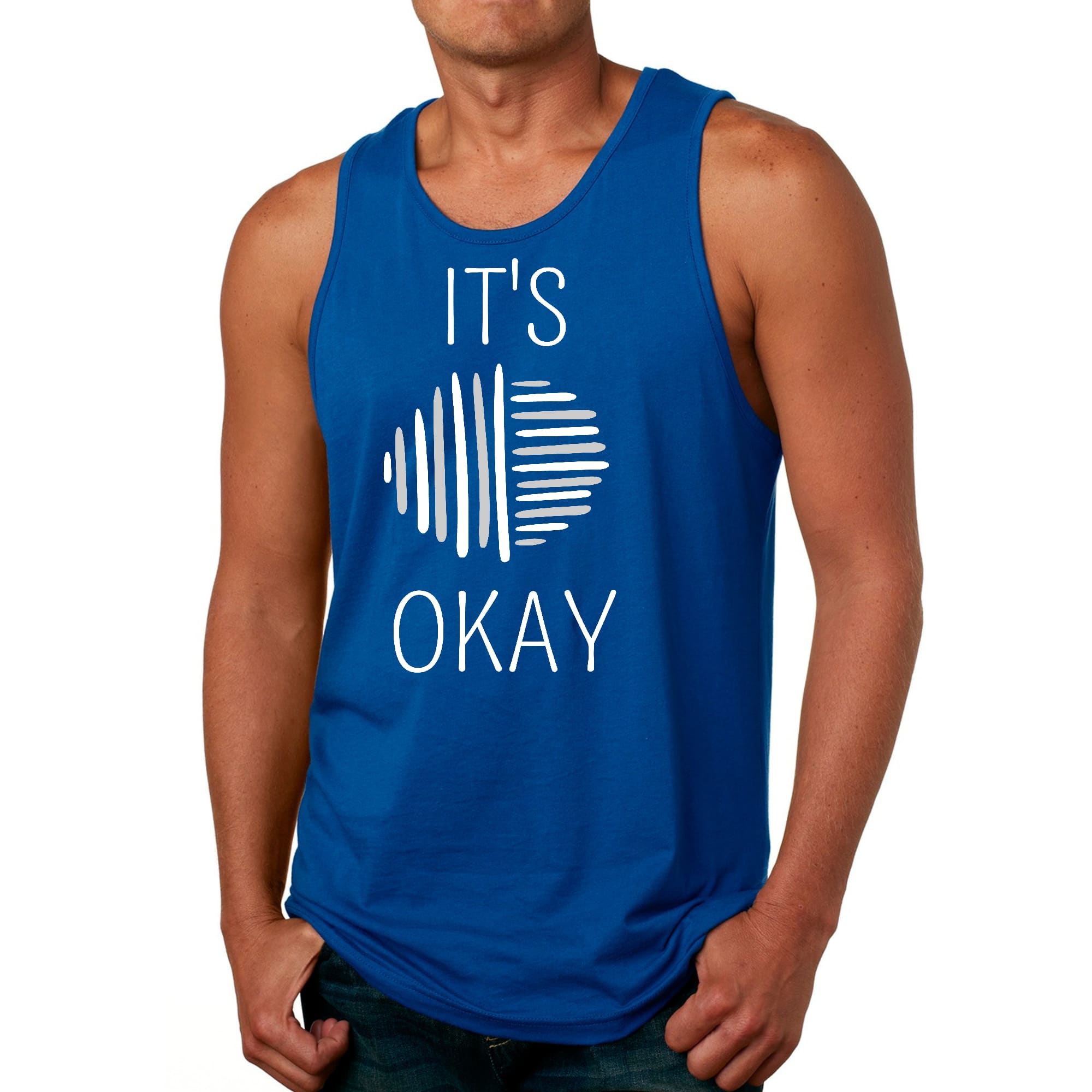 Men's grey fitness tank top with white graphic text 'Say It Soul, It's Okay', made from soft preshrunk cotton, ideal for workouts and casual wear.
