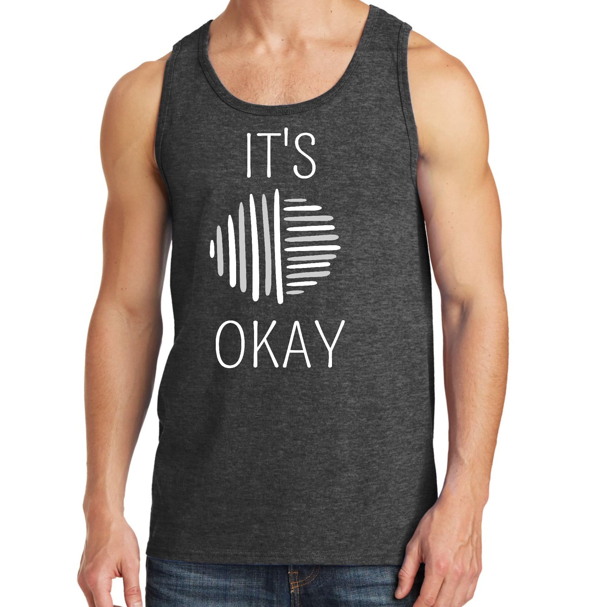 Men's grey fitness tank top with white graphic text 'Say It Soul, It's Okay', made from soft preshrunk cotton, ideal for workouts and casual wear.