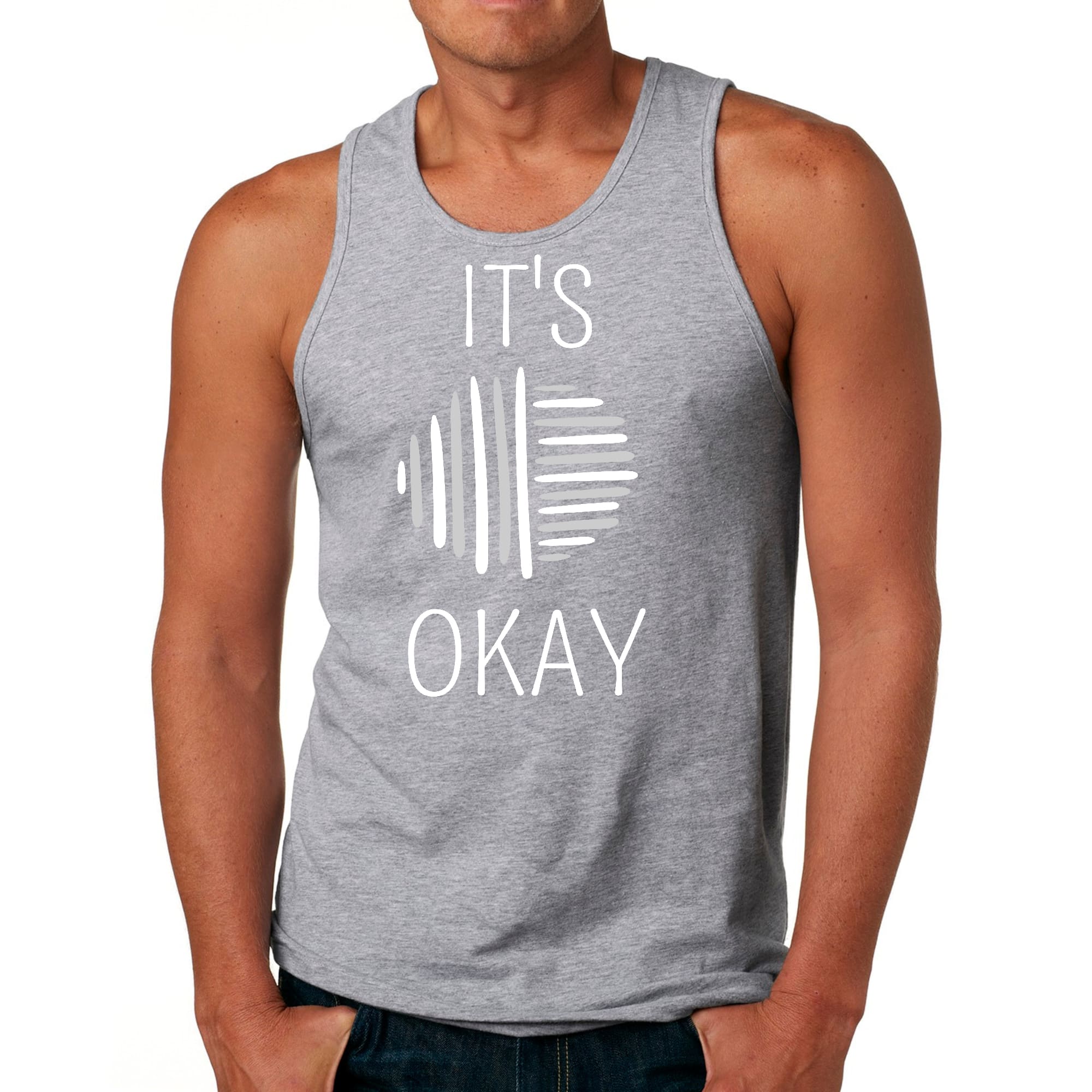 Men's grey fitness tank top with white graphic text 'Say It Soul, It's Okay', made from soft preshrunk cotton, ideal for workouts and casual wear.