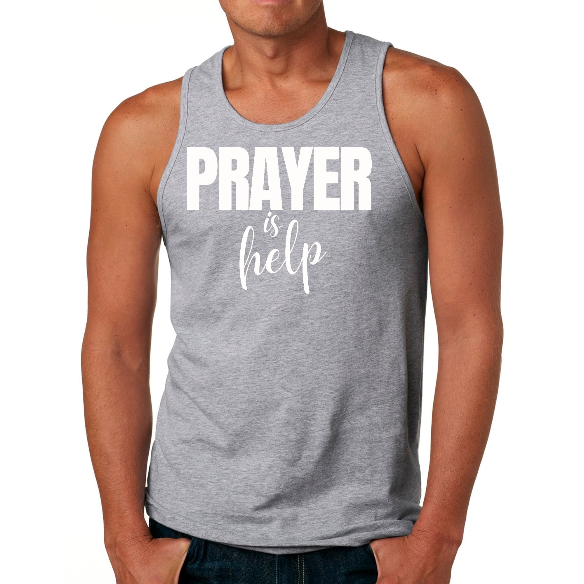 Men's Fitness Tank Top featuring the quote 'Prayer is Help' in a stylish graphic design, made from soft preshrunk cotton.