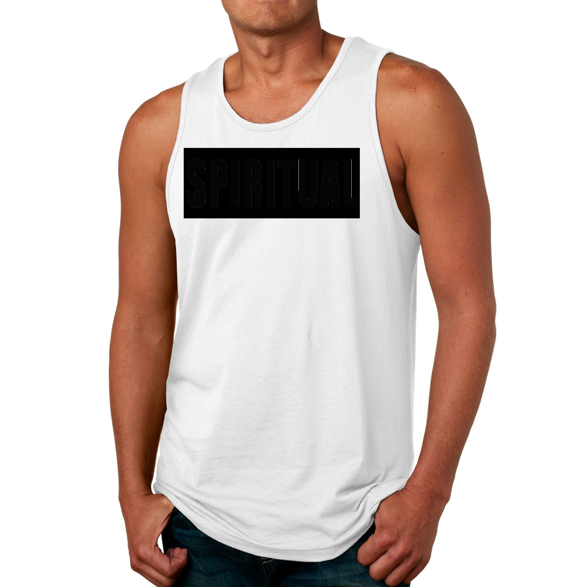 Mens Fitness Tank Top Graphic T-shirt in Spiritual Black Colorblock, showcasing a stylish design and comfortable fit.