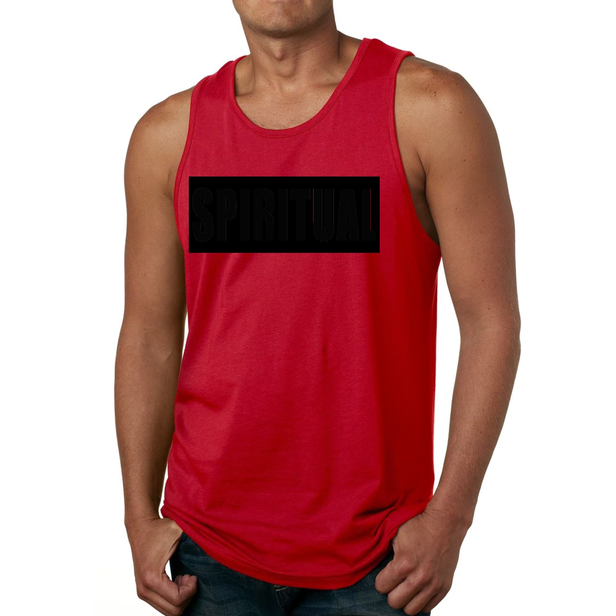 Mens Fitness Tank Top Graphic T-shirt in Spiritual Black Colorblock, showcasing a stylish design and comfortable fit.