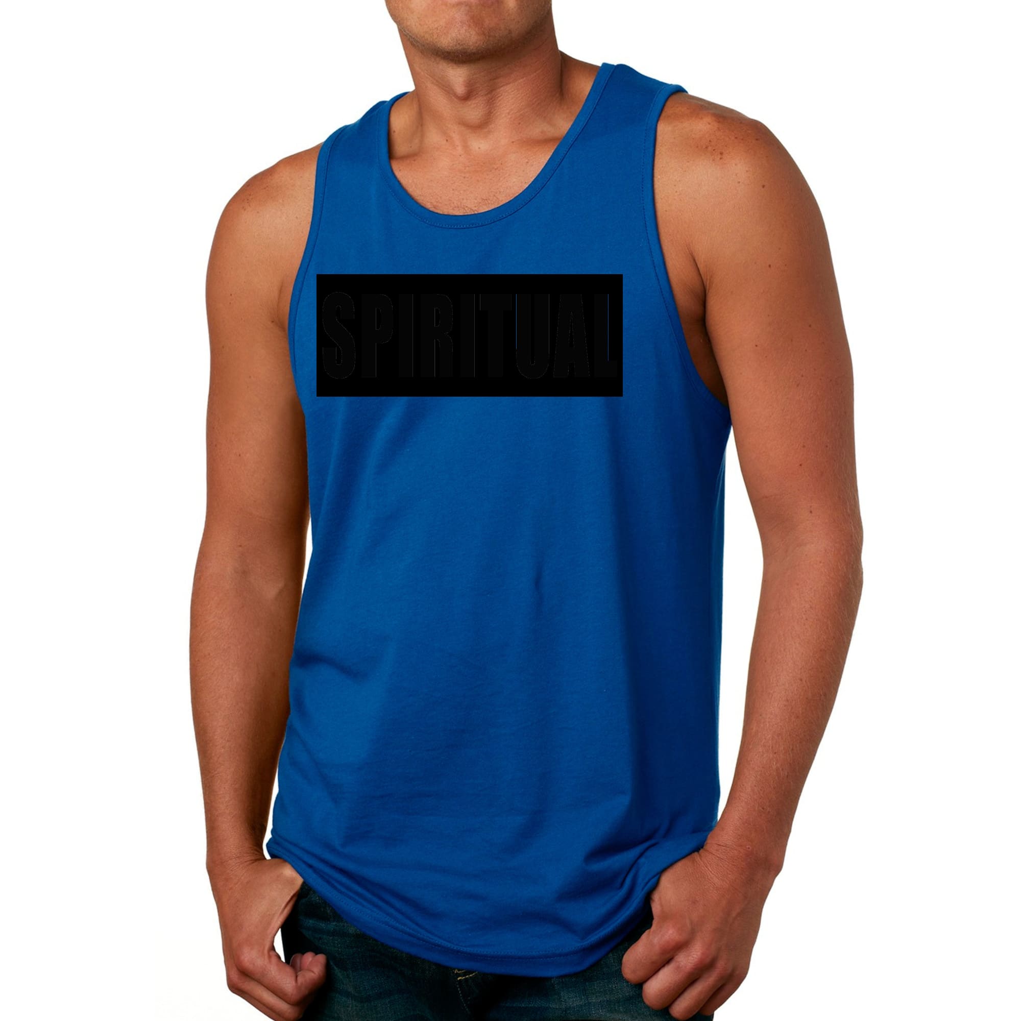 Mens Fitness Tank Top Graphic T-shirt in Spiritual Black Colorblock, showcasing a stylish design and comfortable fit.