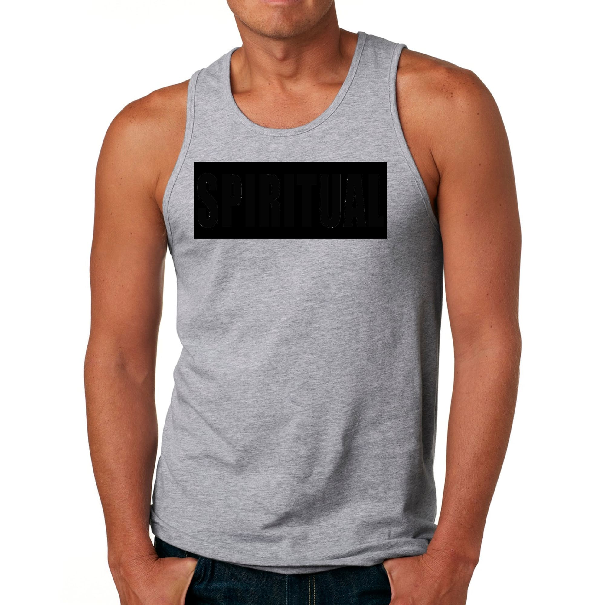 Mens Fitness Tank Top Graphic T-shirt in Spiritual Black Colorblock, showcasing a stylish design and comfortable fit.