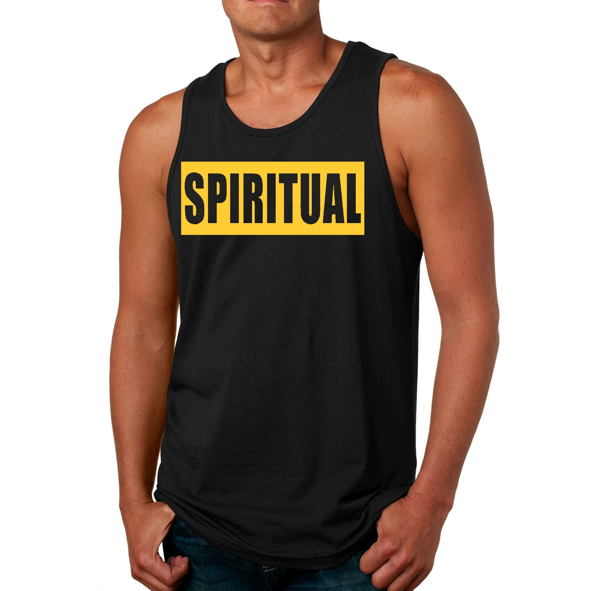 Mens Fitness Tank Top in Spiritual Yellow Gold with colorblock illustration, made from soft preshrunk cotton for comfort.