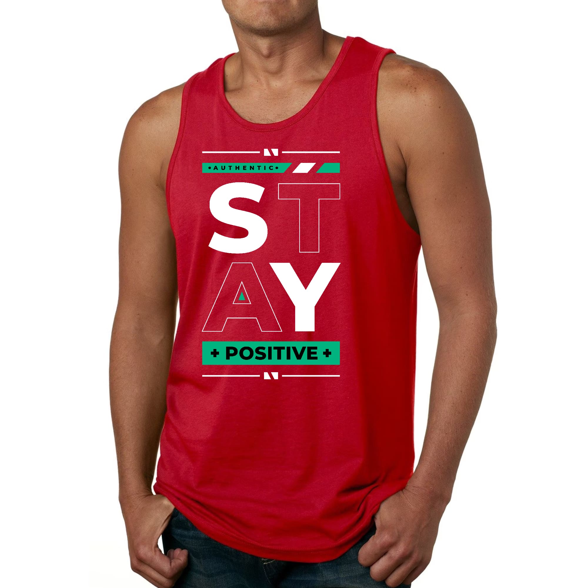 Men's Fitness Tank Top Graphic T-shirt featuring a motivational 'Stay Positive' design, made from soft preshrunk cotton for comfort.