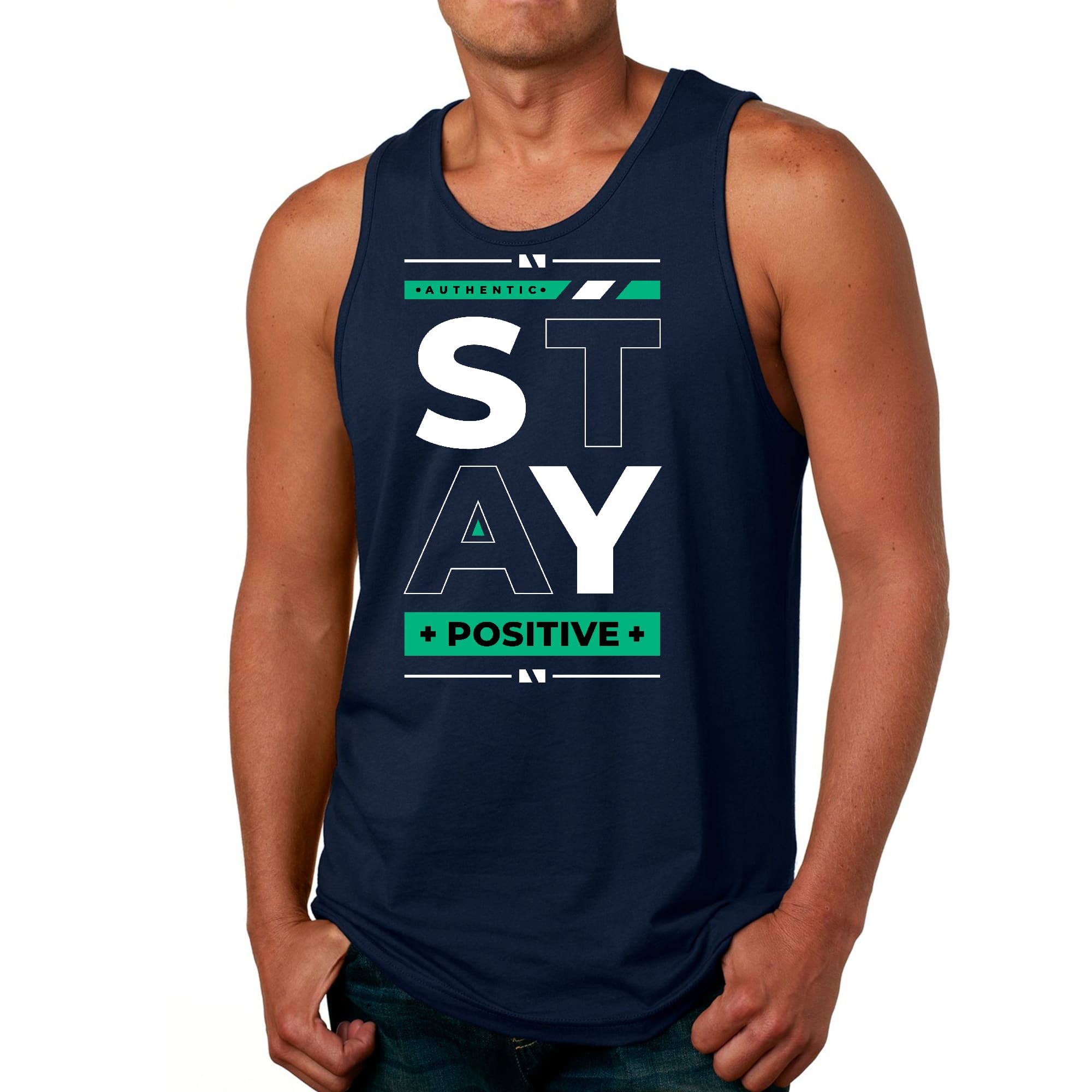 Men's Fitness Tank Top Graphic T-shirt featuring a motivational 'Stay Positive' design, made from soft preshrunk cotton for comfort.