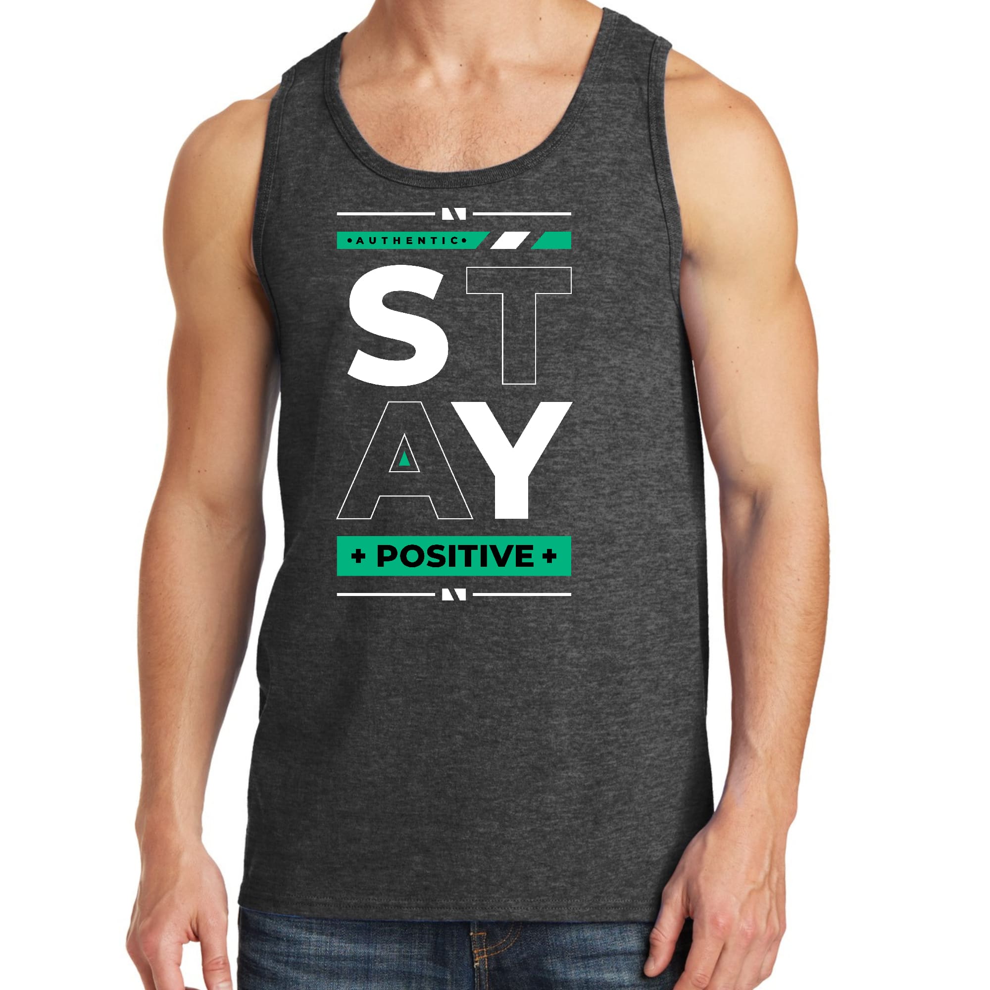 Men's Fitness Tank Top Graphic T-shirt featuring a motivational 'Stay Positive' design, made from soft preshrunk cotton for comfort.