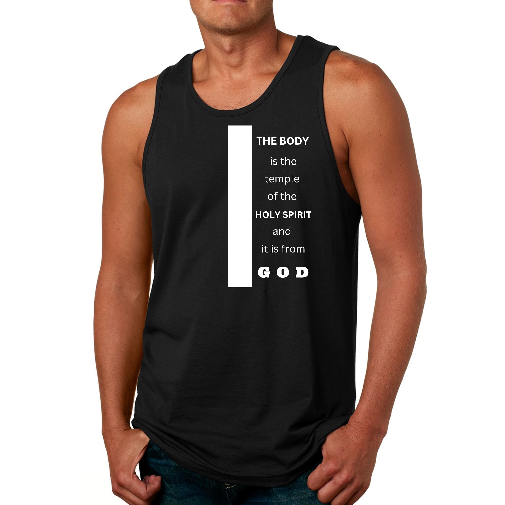 Men's Fitness Tank Top featuring 'The Body is the Temple' graphic, made from soft preshrunk cotton, ideal for workouts and casual wear.