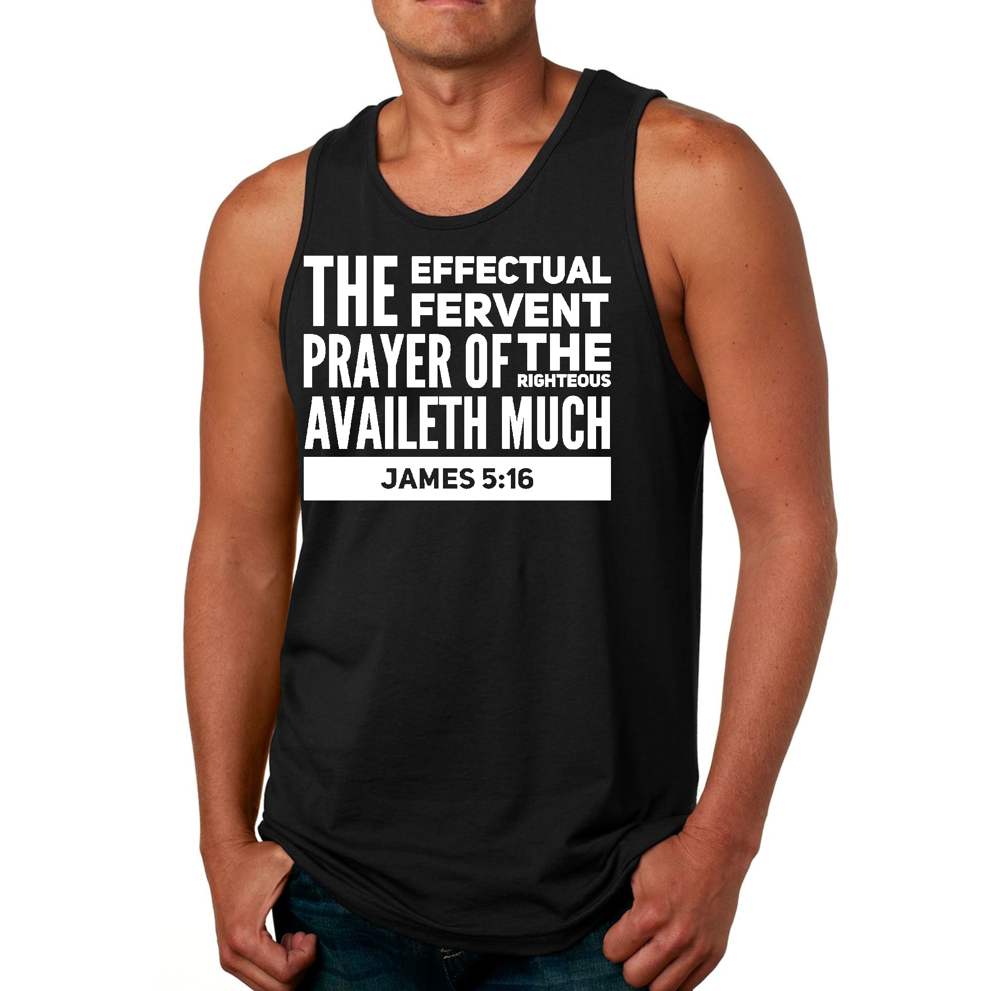 Men's Fitness Tank Top Graphic T-shirt featuring Effectual Fervent Prayer design, made from soft preshrunk cotton for comfort during workouts.