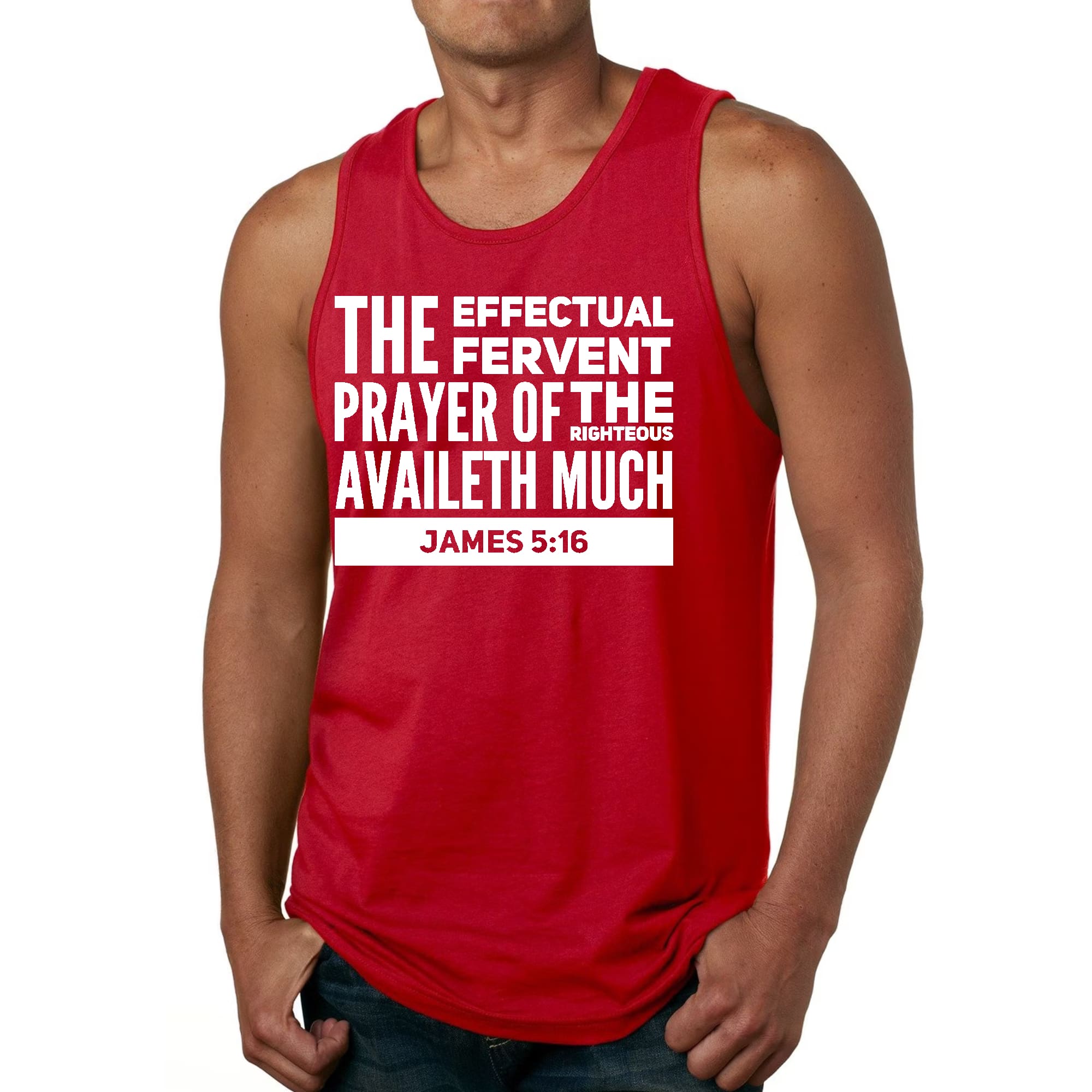 Men's Fitness Tank Top Graphic T-shirt featuring Effectual Fervent Prayer design, made from soft preshrunk cotton for comfort during workouts.