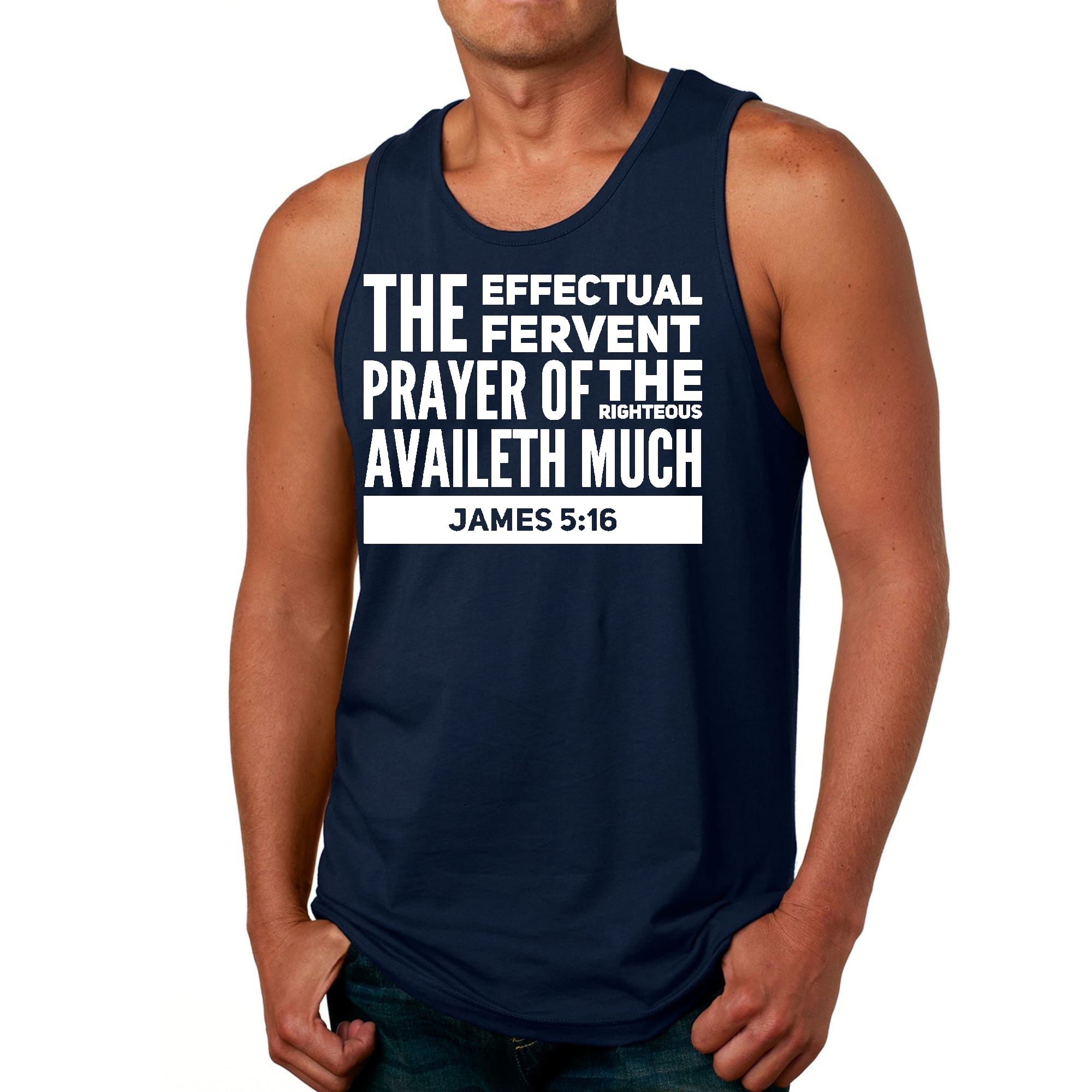 Men's Fitness Tank Top Graphic T-shirt featuring Effectual Fervent Prayer design, made from soft preshrunk cotton for comfort during workouts.