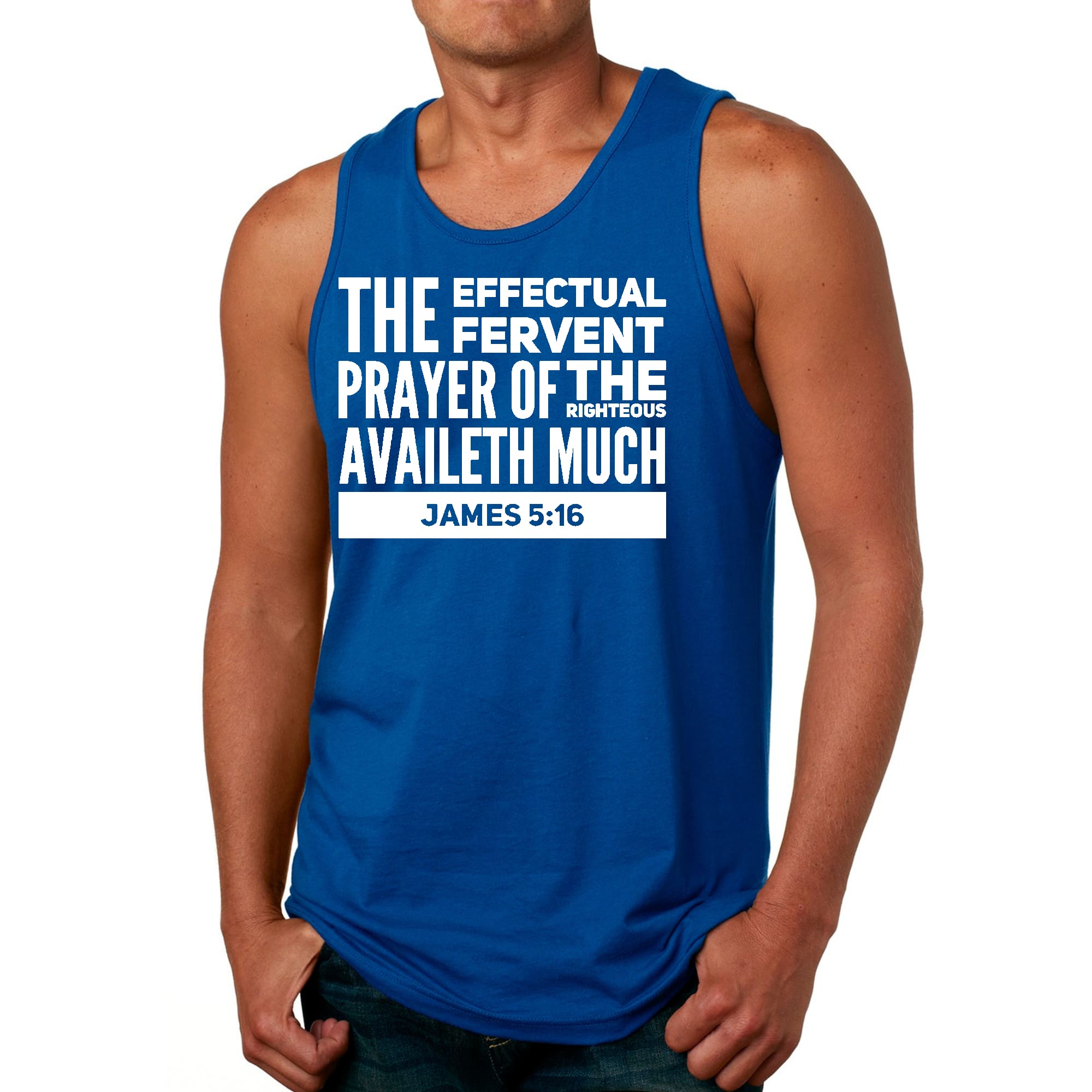 Men's Fitness Tank Top Graphic T-shirt featuring Effectual Fervent Prayer design, made from soft preshrunk cotton for comfort during workouts.