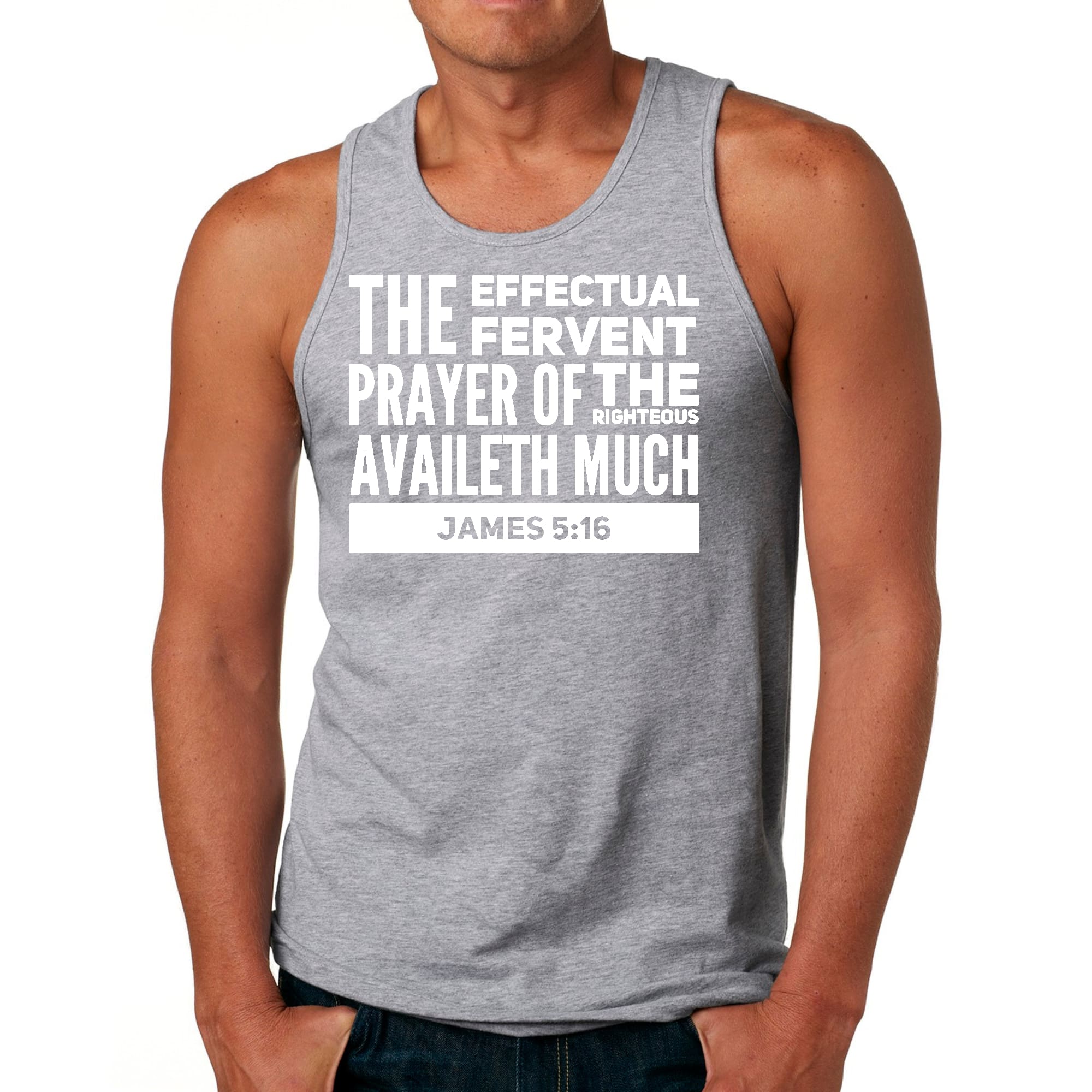 Men's Fitness Tank Top Graphic T-shirt featuring Effectual Fervent Prayer design, made from soft preshrunk cotton for comfort during workouts.