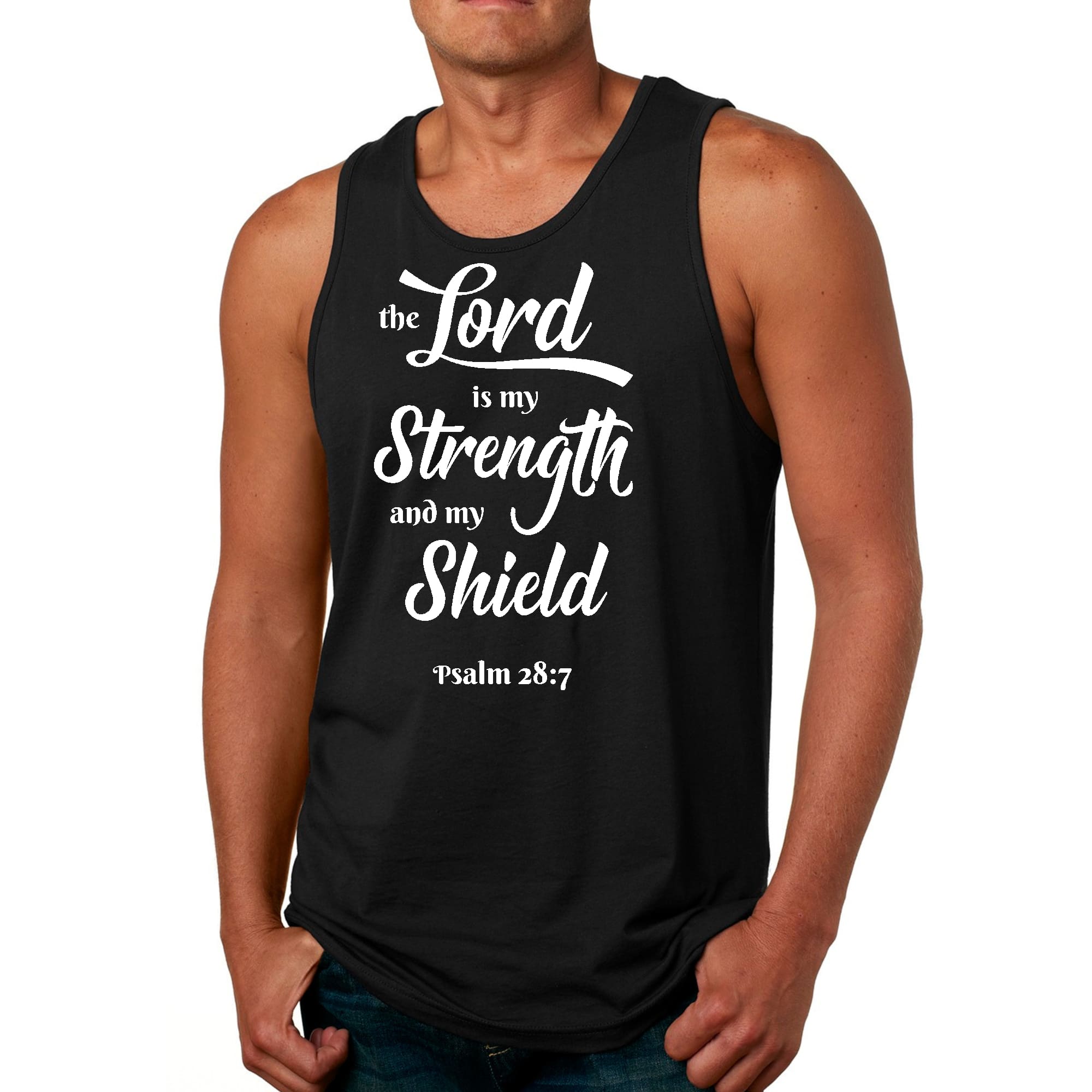 Men's Fitness Tank Top featuring 'The Lord is My Strength' graphic in white print on a comfortable preshrunk cotton fabric.