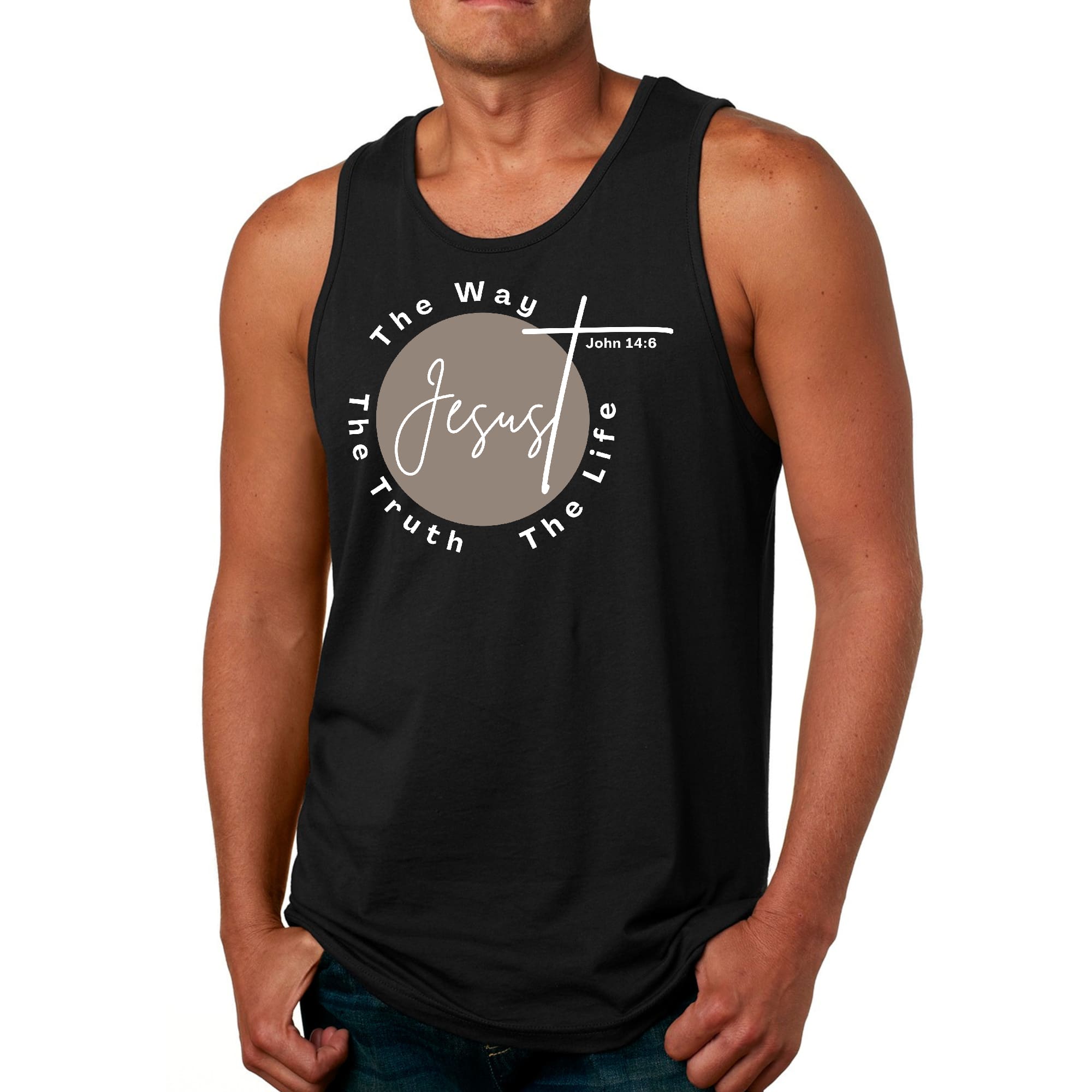 Men's Fitness Tank Top Graphic T-shirt featuring the phrase 'The Truth The Way The Life' in a stylish design, made from soft preshrunk cotton.