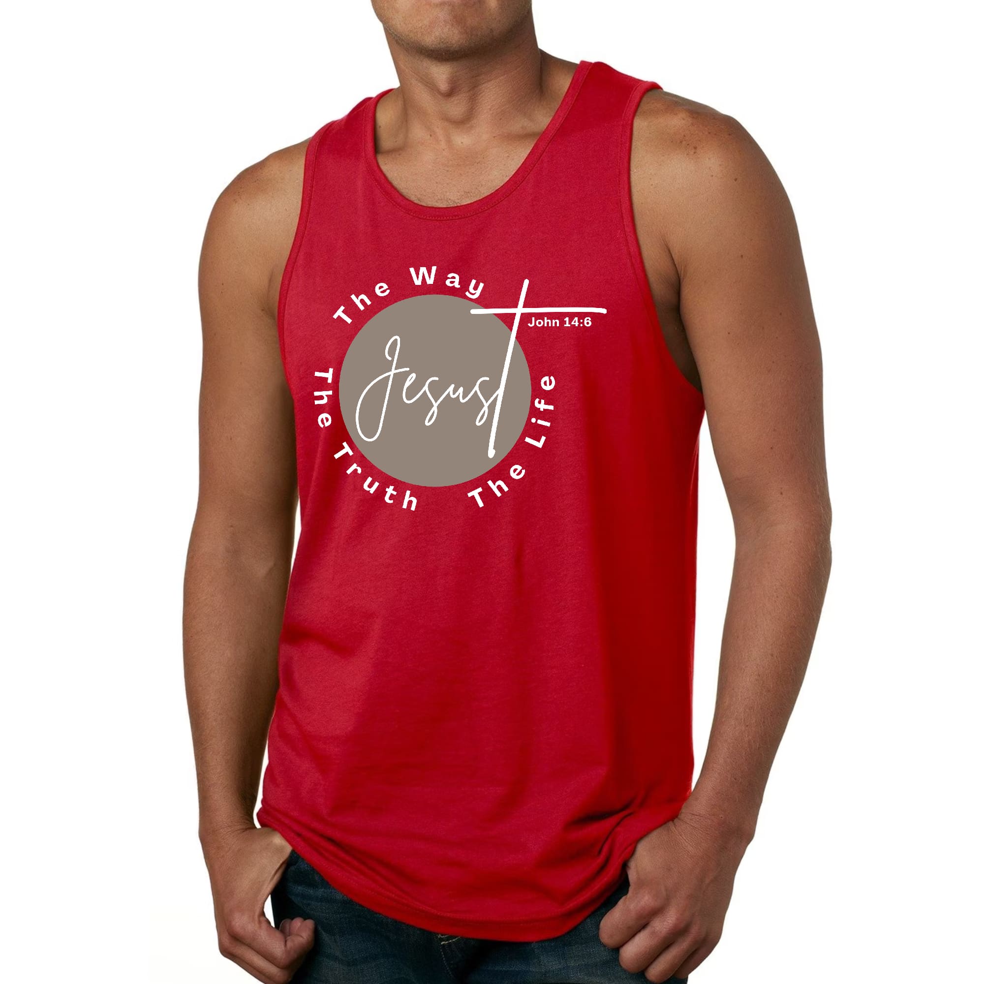 Men's Fitness Tank Top Graphic T-shirt featuring the phrase 'The Truth The Way The Life' in a stylish design, made from soft preshrunk cotton.
