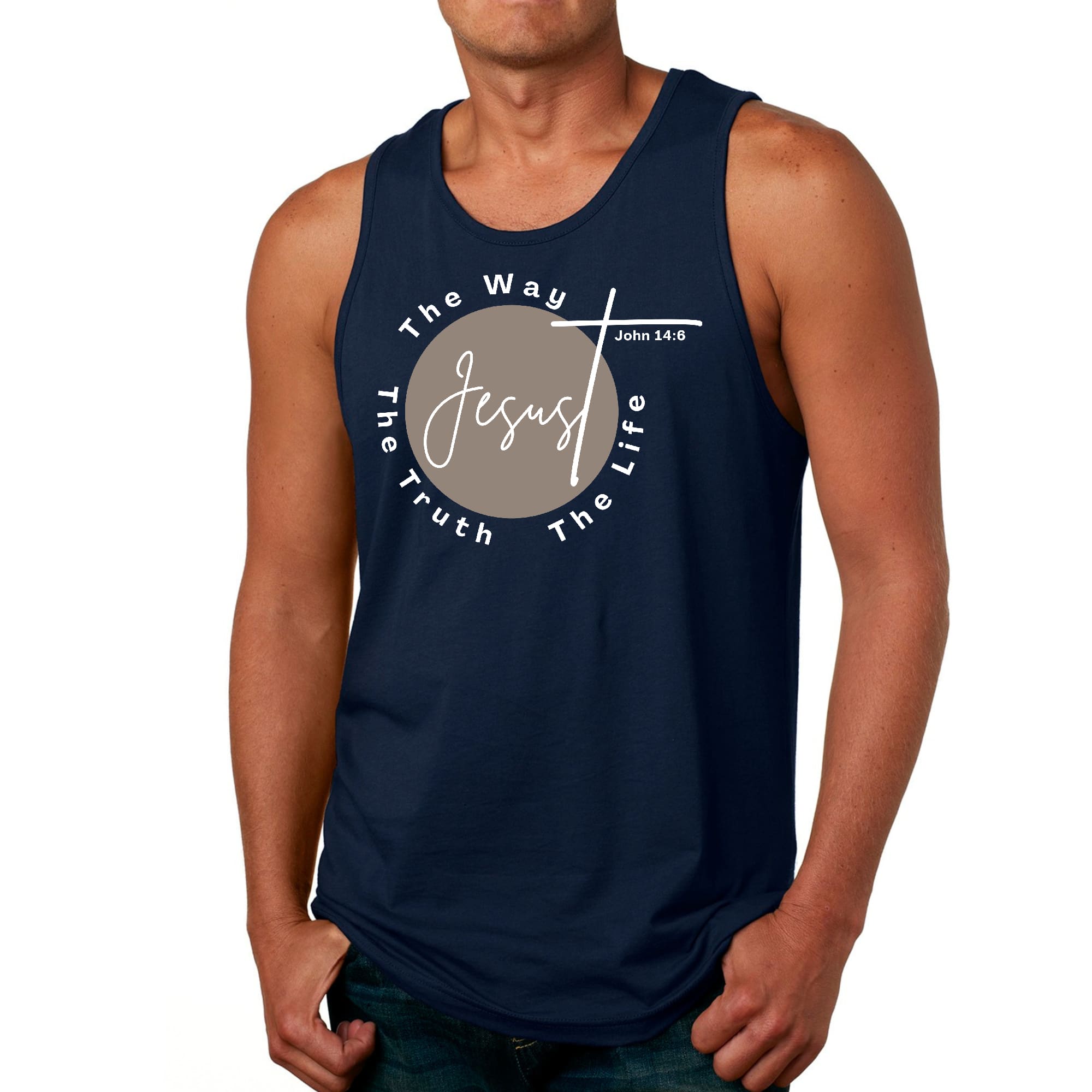 Men's Fitness Tank Top Graphic T-shirt featuring the phrase 'The Truth The Way The Life' in a stylish design, made from soft preshrunk cotton.