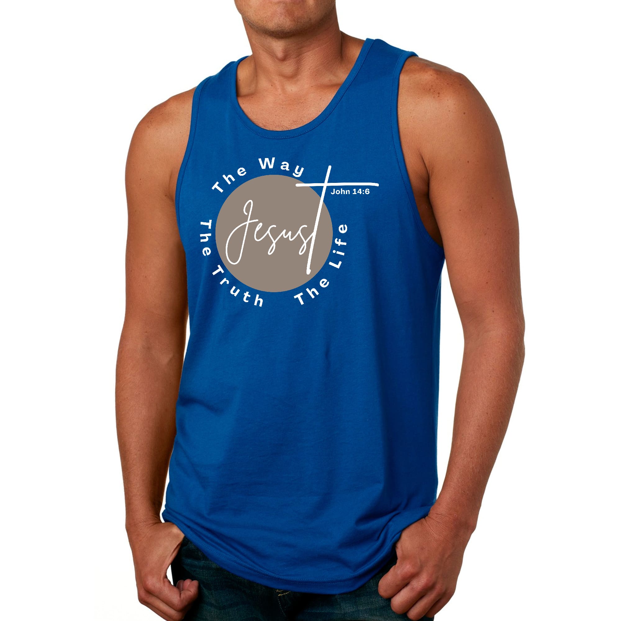 Men's Fitness Tank Top Graphic T-shirt featuring the phrase 'The Truth The Way The Life' in a stylish design, made from soft preshrunk cotton.