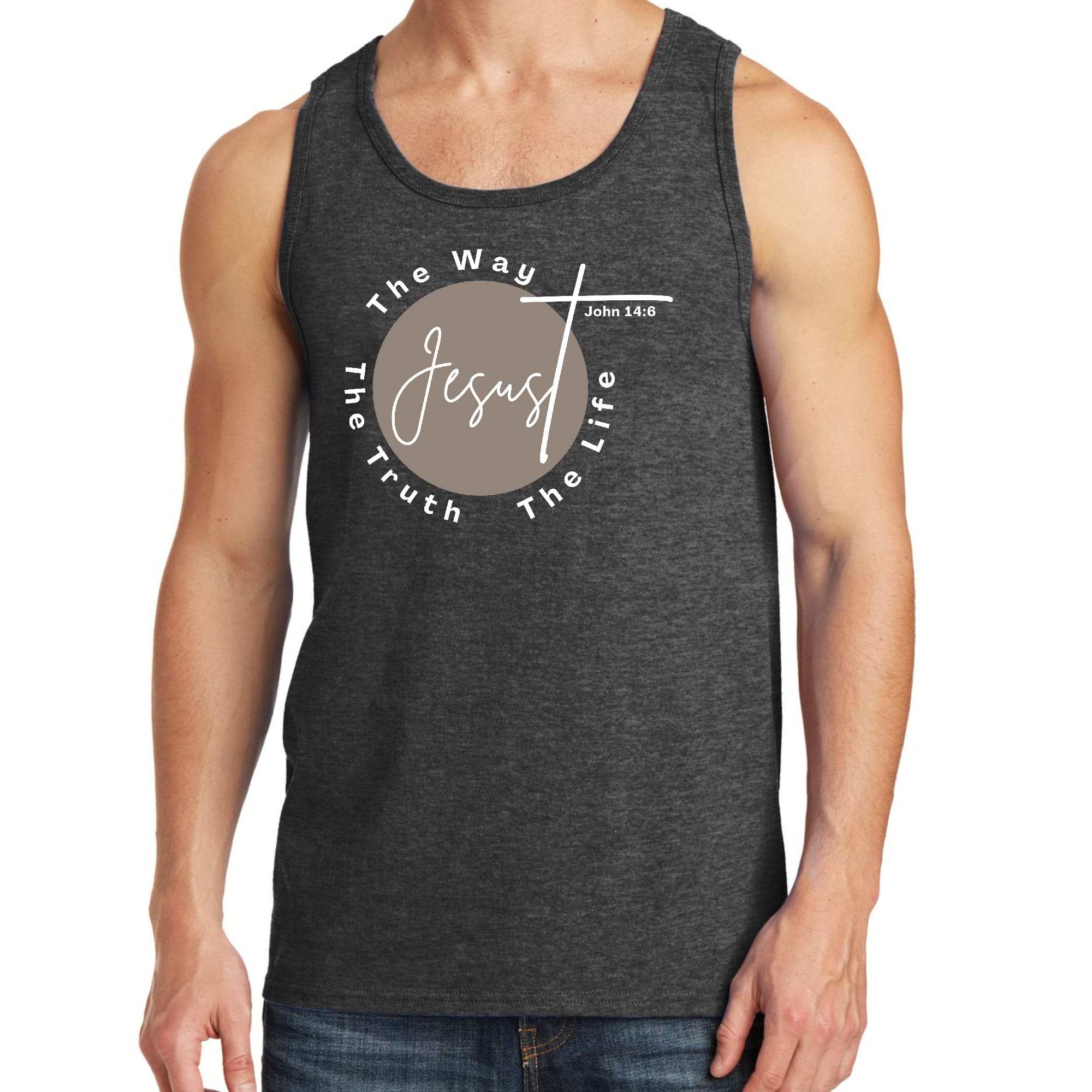 Men's Fitness Tank Top Graphic T-shirt featuring the phrase 'The Truth The Way The Life' in a stylish design, made from soft preshrunk cotton.