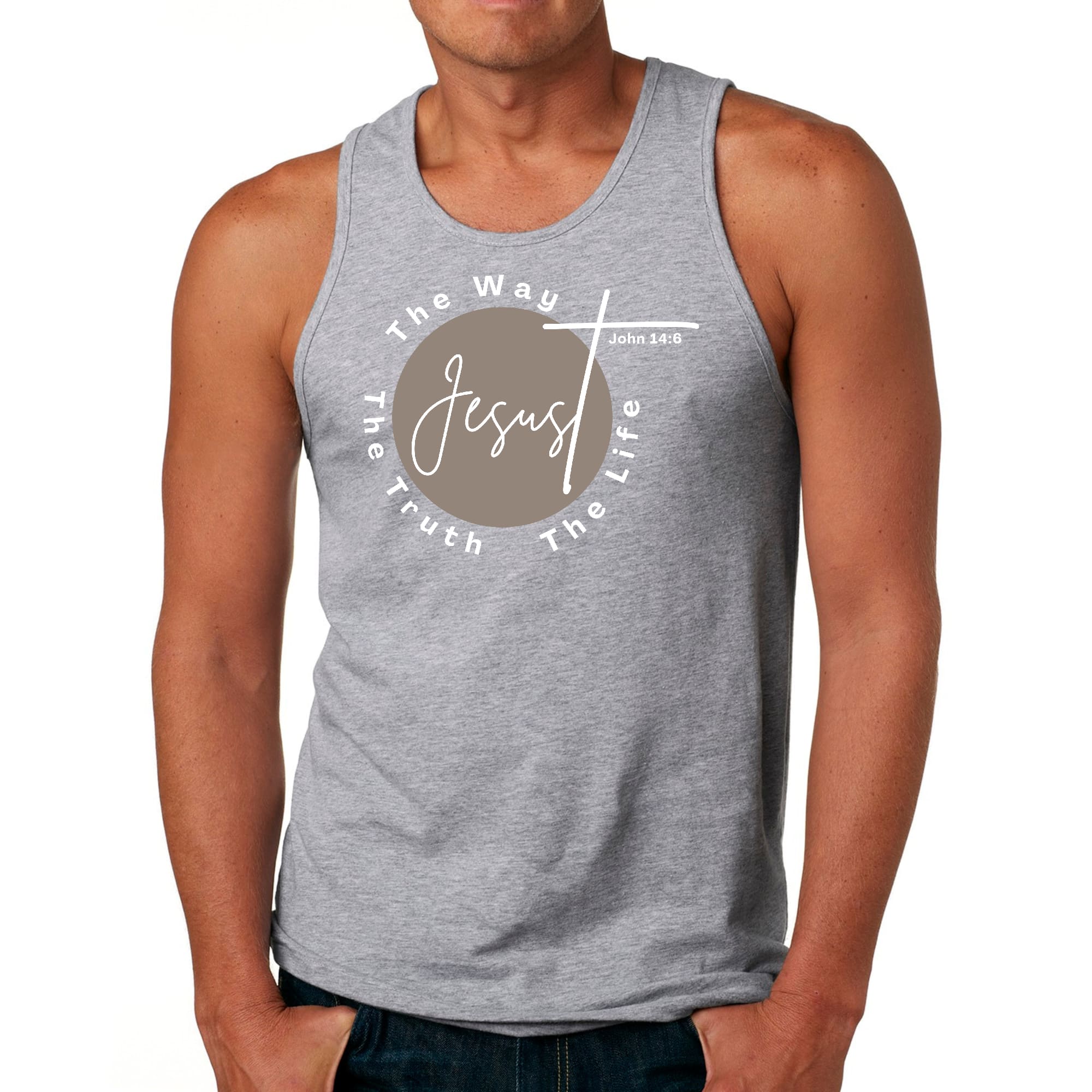 Men's Fitness Tank Top Graphic T-shirt featuring the phrase 'The Truth The Way The Life' in a stylish design, made from soft preshrunk cotton.
