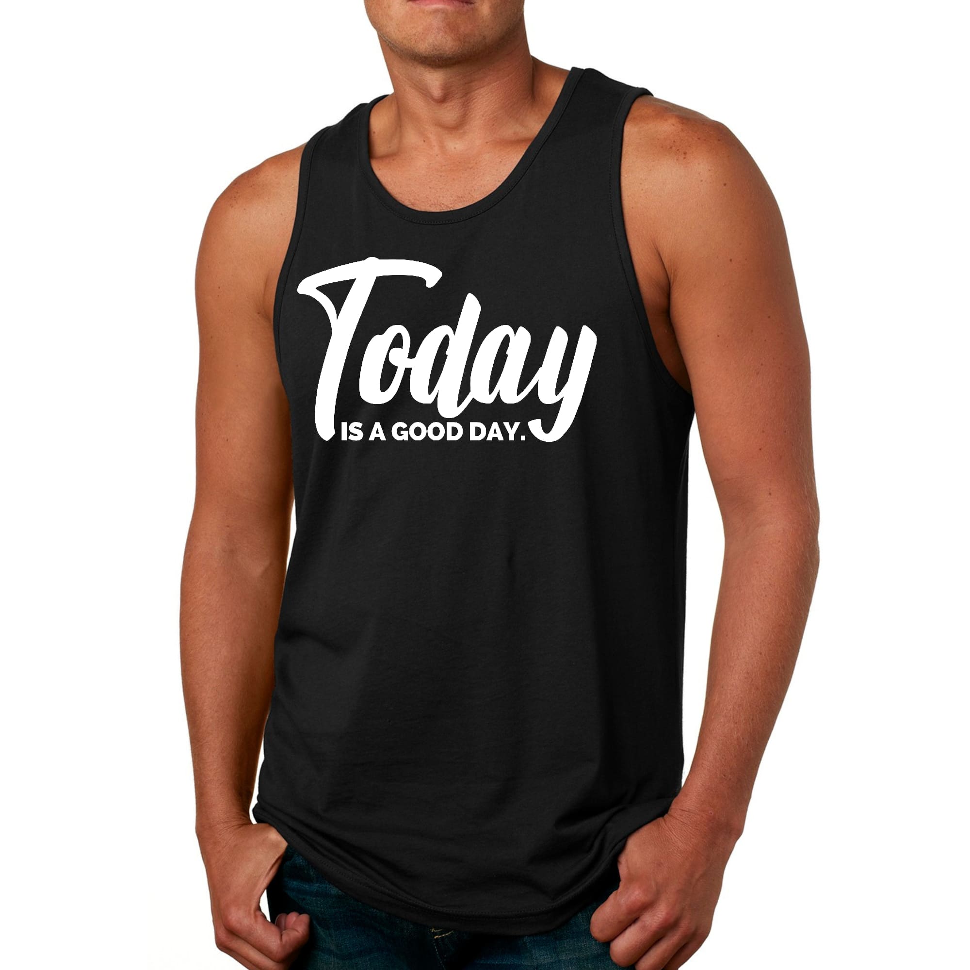 Men's Fitness Tank Top Graphic T-Shirt in black with the phrase 'Today is a Good Day' printed on the front, showcasing a classic fit and soft fabric.