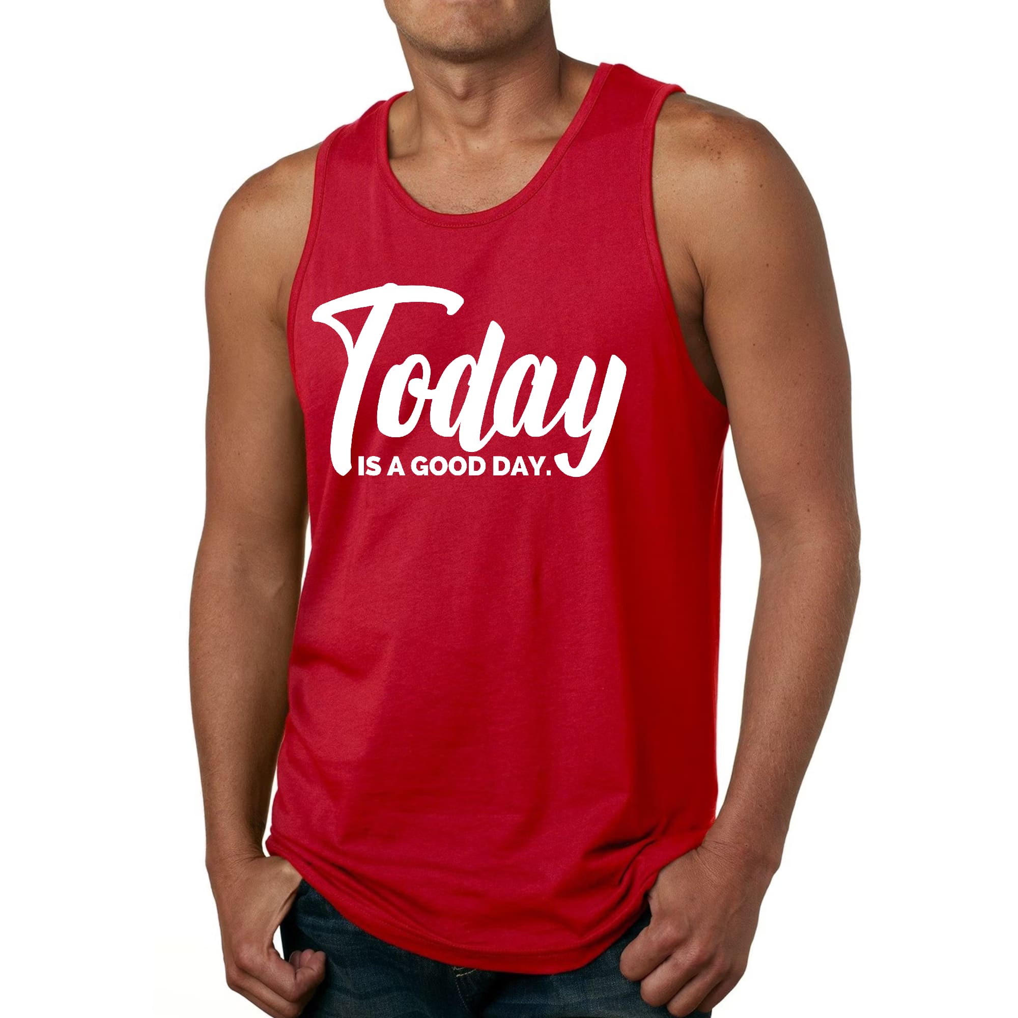 Men's Fitness Tank Top Graphic T-Shirt in black with the phrase 'Today is a Good Day' printed on the front, showcasing a classic fit and soft fabric.