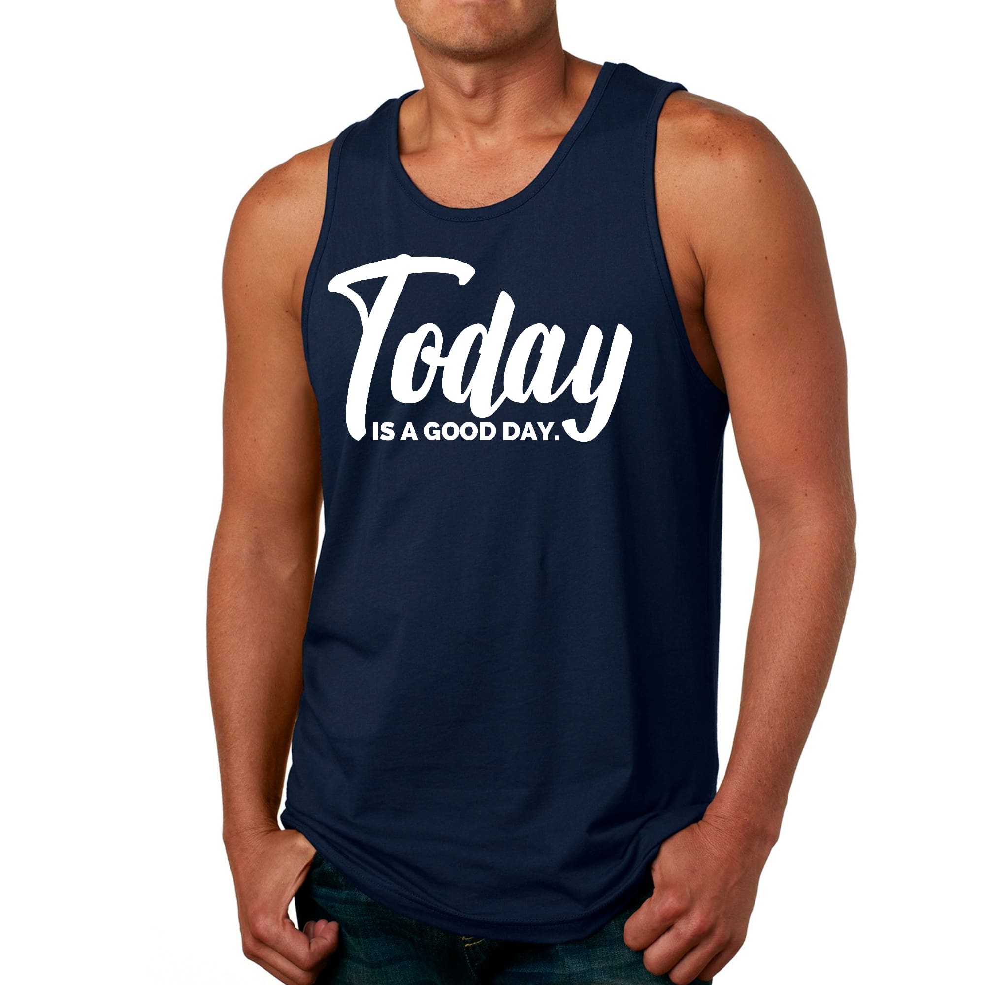 Men's Fitness Tank Top Graphic T-Shirt in black with the phrase 'Today is a Good Day' printed on the front, showcasing a classic fit and soft fabric.