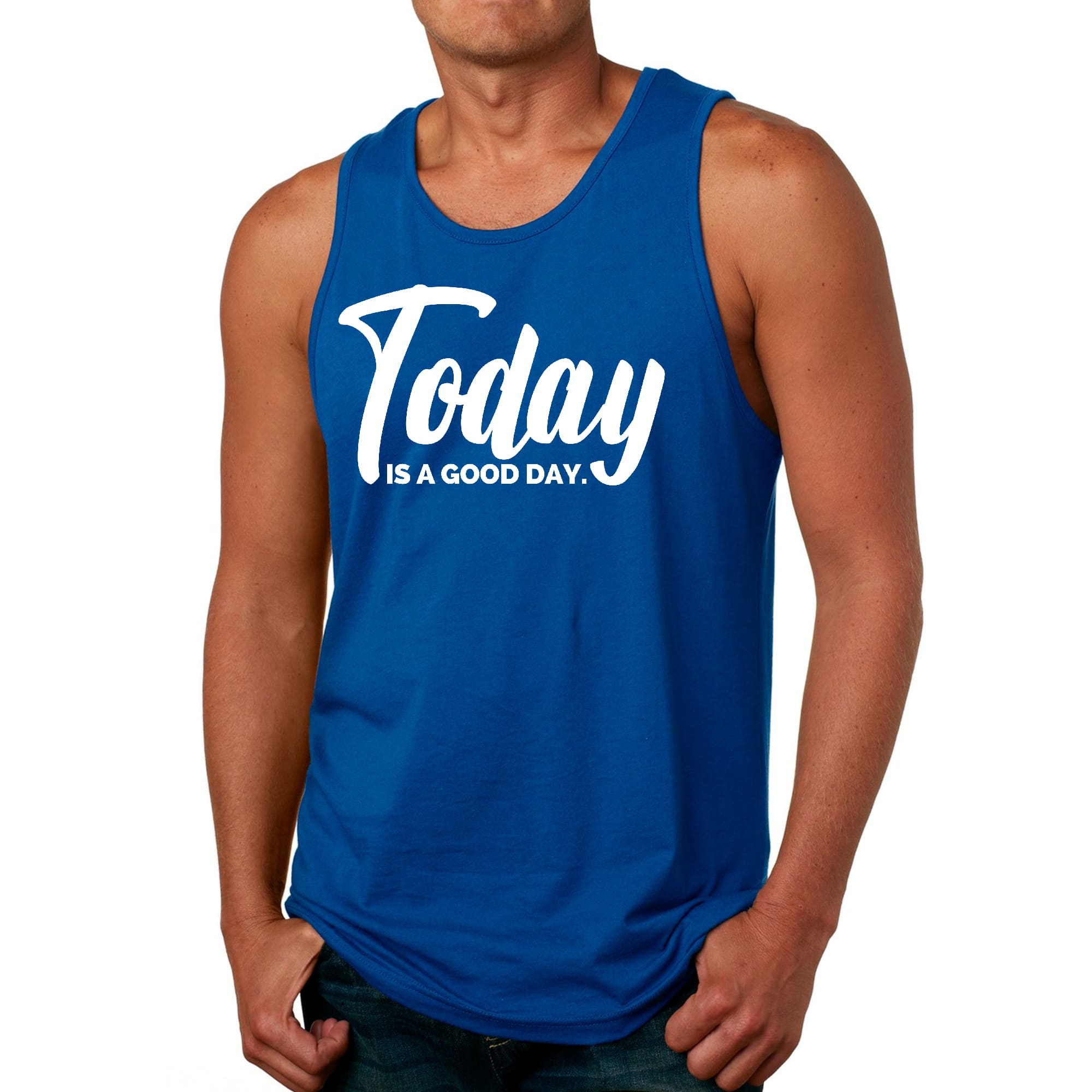 Men's Fitness Tank Top Graphic T-Shirt in black with the phrase 'Today is a Good Day' printed on the front, showcasing a classic fit and soft fabric.