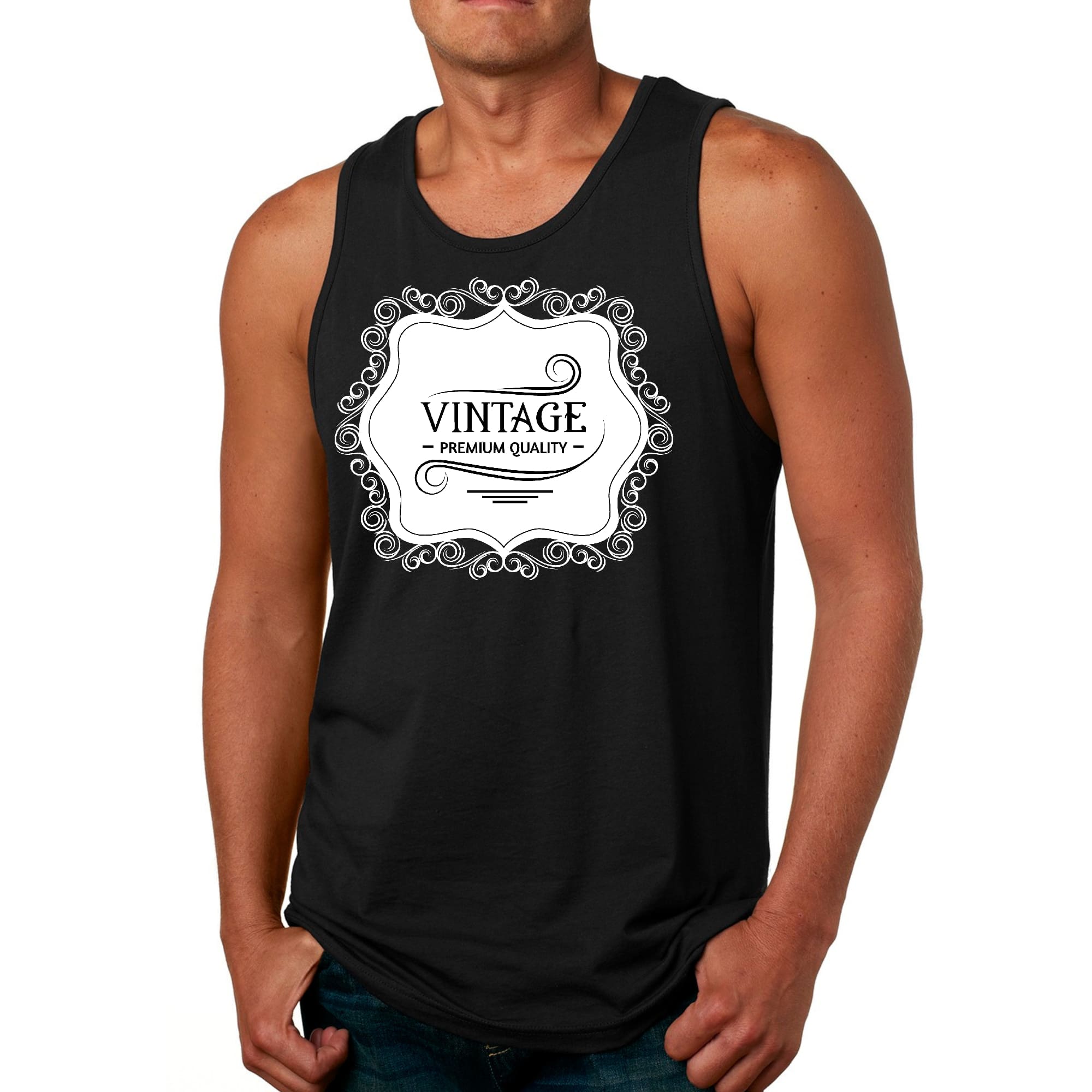 Men's Fitness Tank Top Graphic T-shirt in white with vintage black illustration, showcasing premium quality cotton fabric and classic fit.