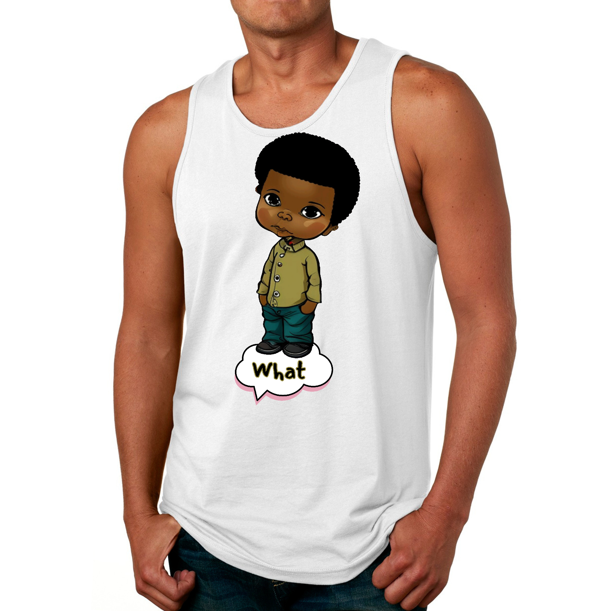 Men's Fitness Tank Top featuring a vibrant African American Boy graphic, made from soft preshrunk cotton for comfort and durability.
