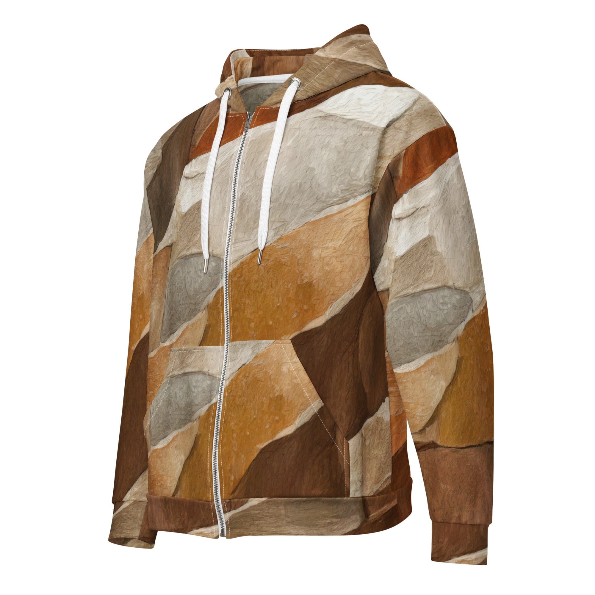 Mens Full Zip Graphic Hoodie featuring an Abstract Stone Print, showcasing a relaxed fit and double-lined hood.