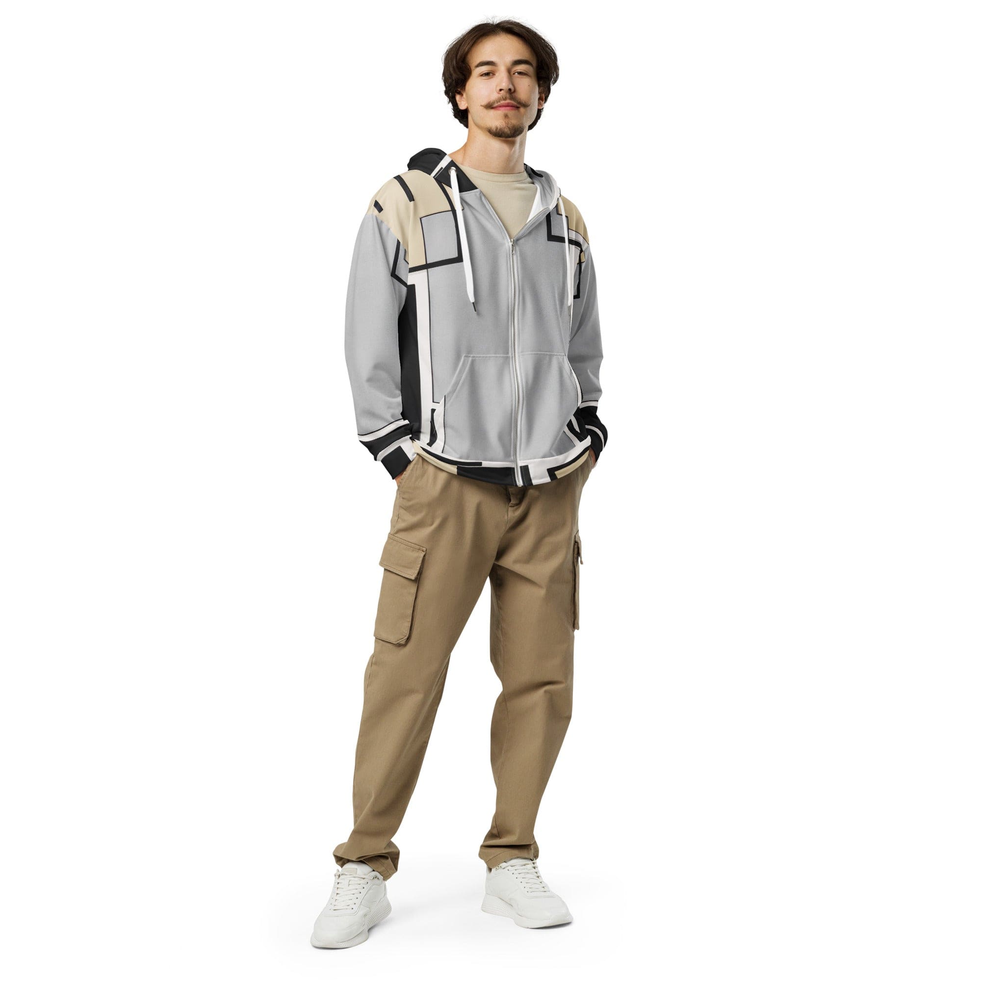 Mens Full Zip Graphic Hoodie featuring a black and grey abstract pattern, showcasing its soft fabric and stylish design.